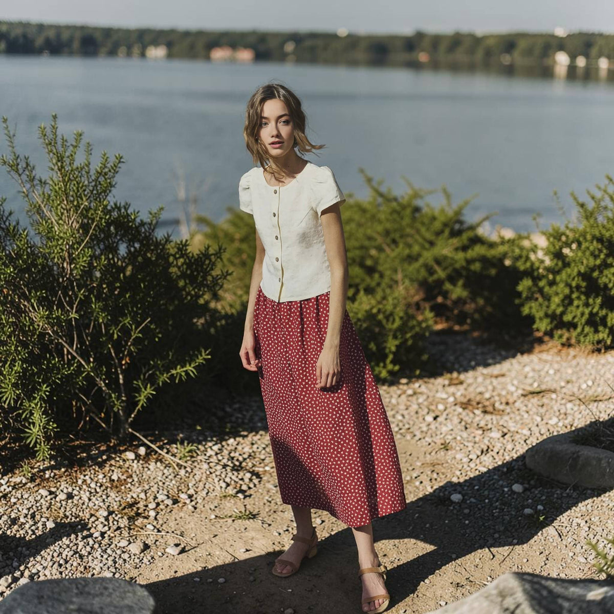 Button Front Linen Top, Round Neck Cap Sleeve