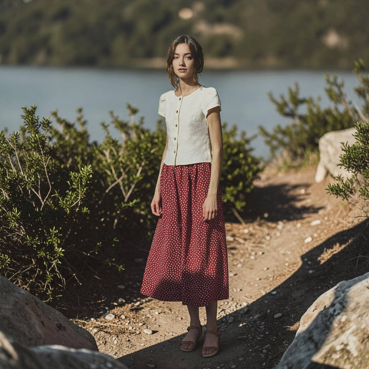 Button Front Linen Top, Round Neck Cap Sleeve