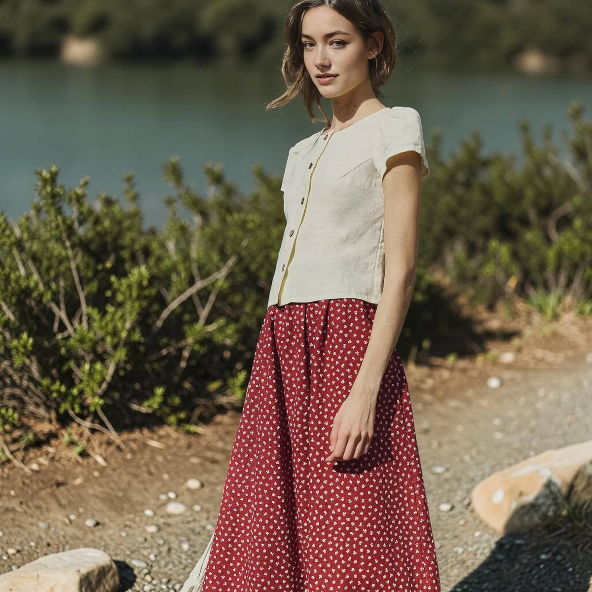 Button Front Linen Top, Round Neck Cap Sleeve 