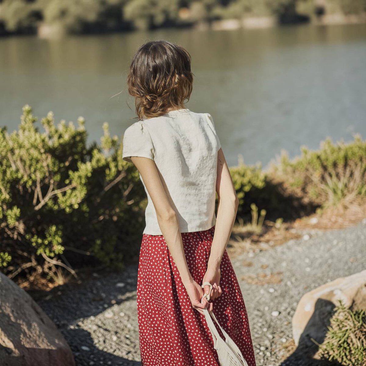 Button Front Linen Top, Round Neck Cap Sleeve