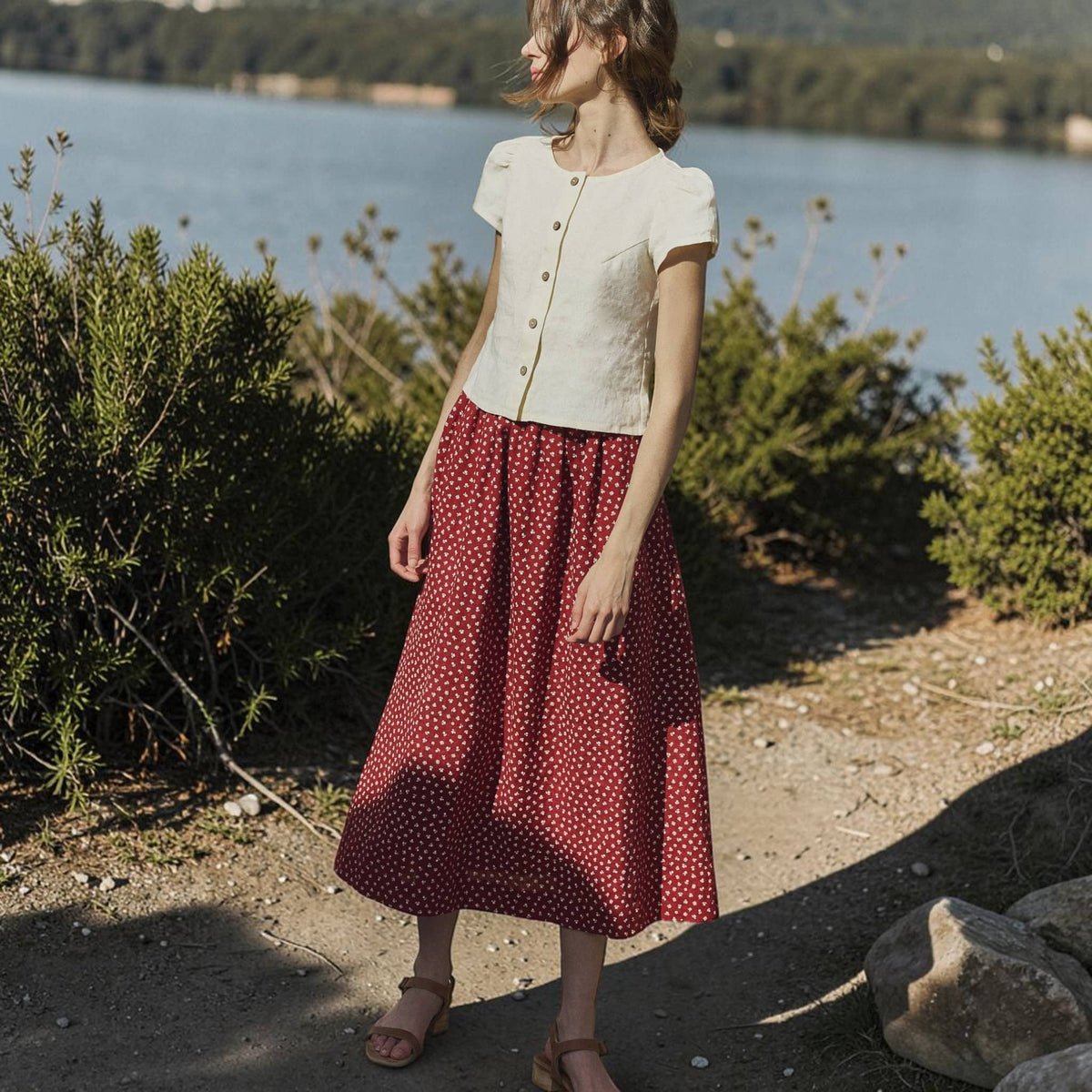 Button Front Linen Top, Round Neck Cap Sleeve