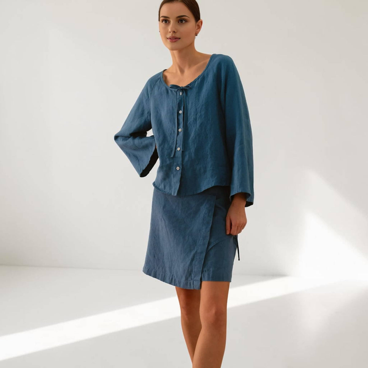 Button Front Linen Top, Scoop Neck Bell Sleeve