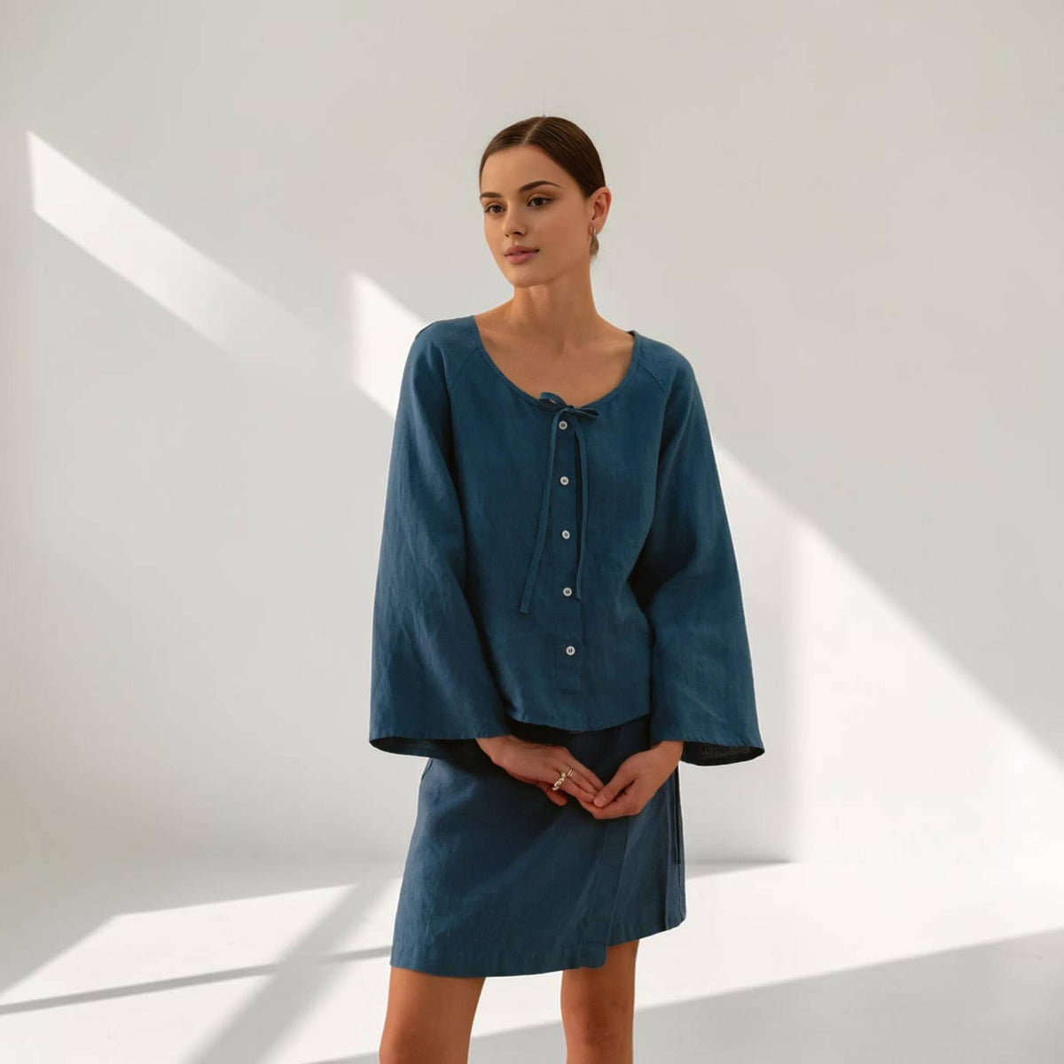 Button Front Linen Top, Scoop Neck Bell Sleeve