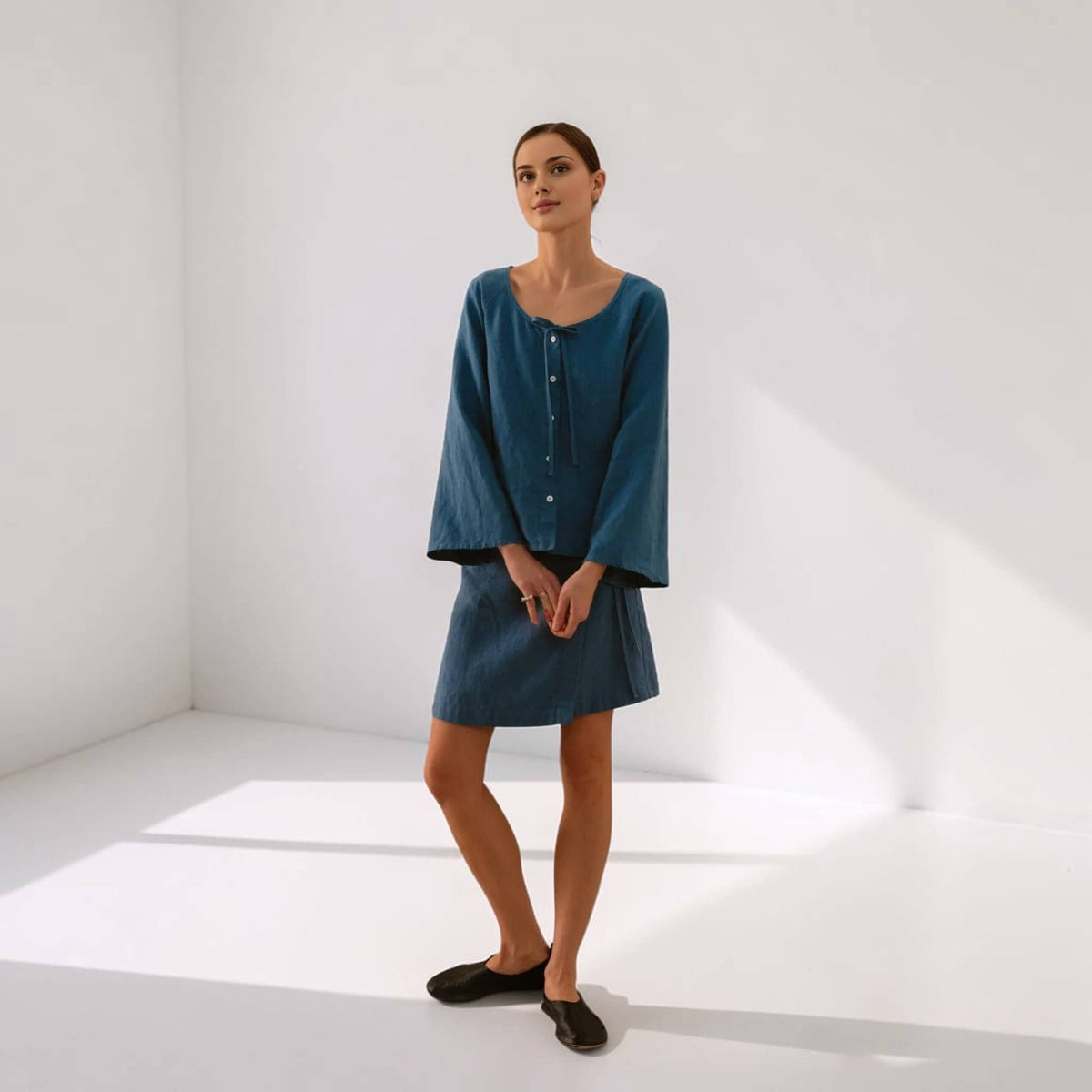 Button Front Linen Top, Scoop Neck Bell Sleeve