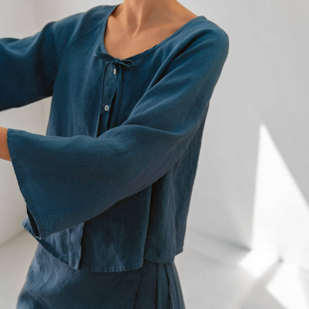 Button Front Linen Top, Scoop Neck Bell Sleeve