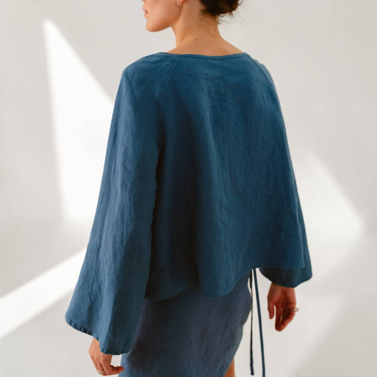 Button Front Linen Top, Scoop Neck Bell Sleeve