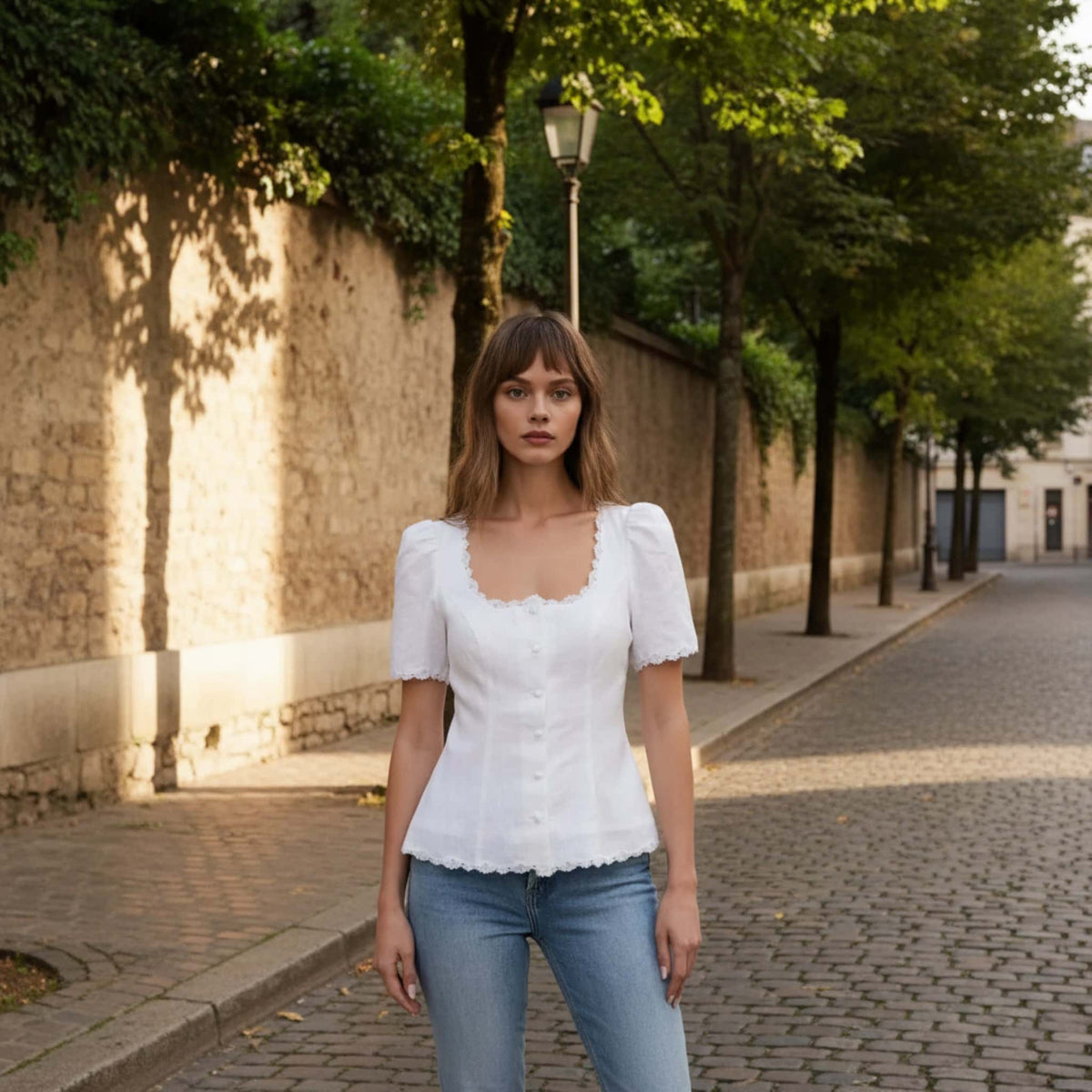 Button Front Linen Top, Square Neck Short Sleeve Top