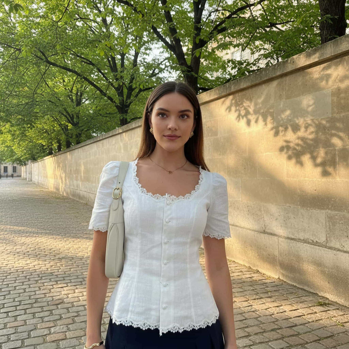 Button Front Linen Top, Square Neck Short Sleeve Top