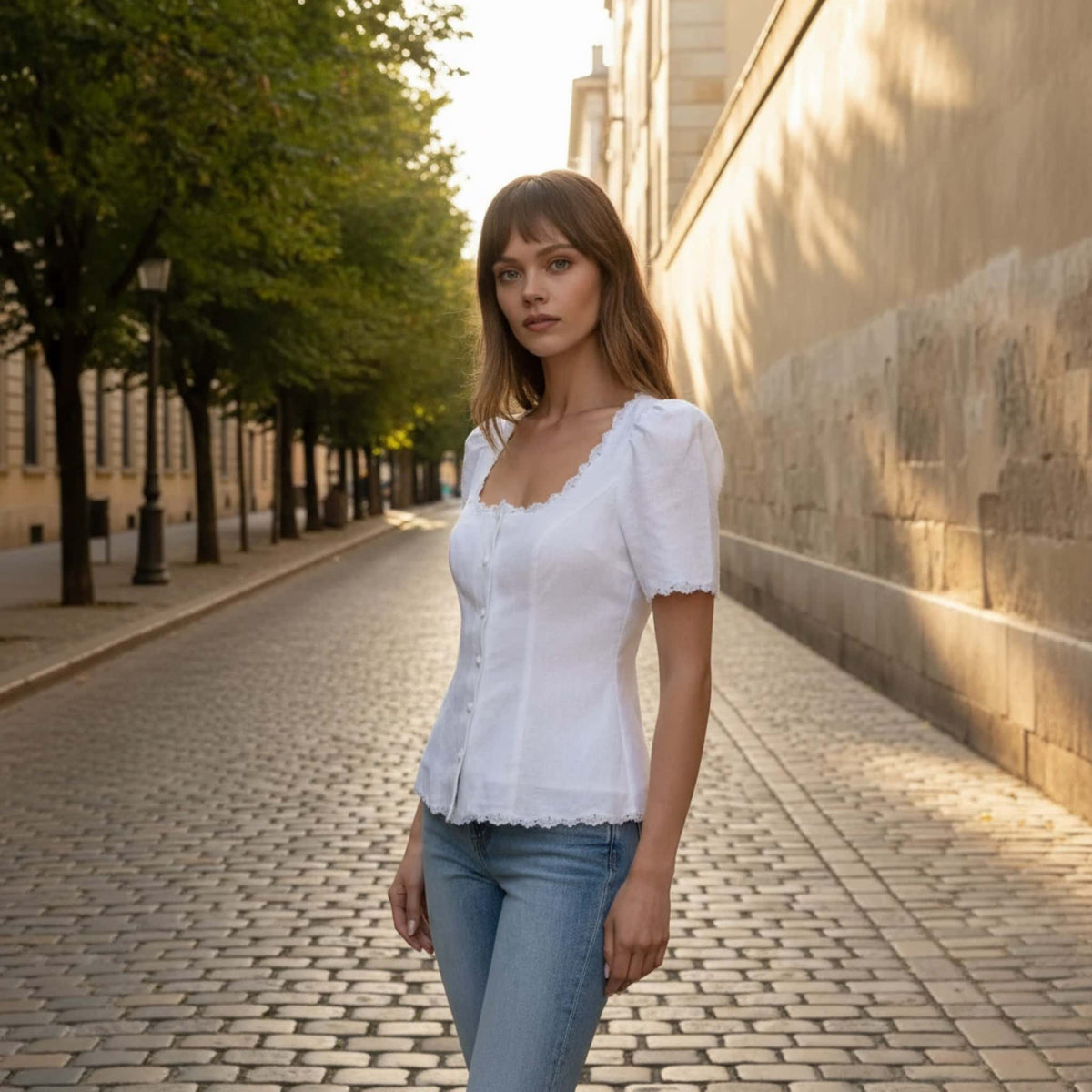 Button Front Linen Top, Square Neck Short Sleeve Top