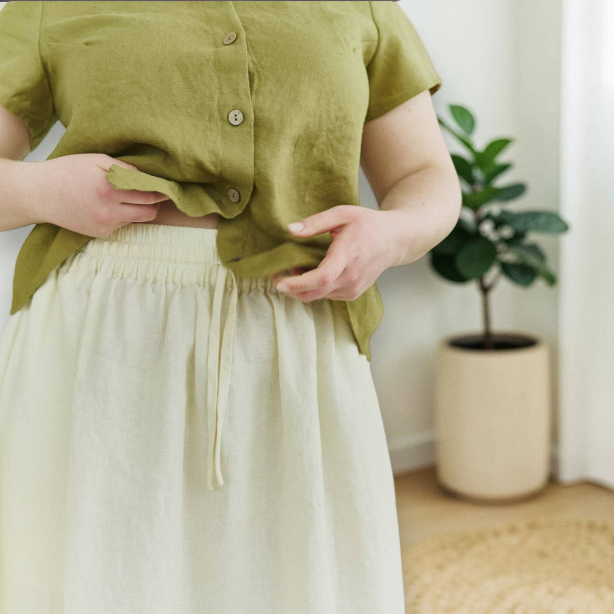 Button Front Linen Top, V Neck Short Sleeve