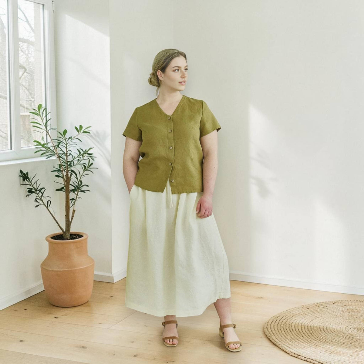 Button Front Linen Top, V Neck Short Sleeve