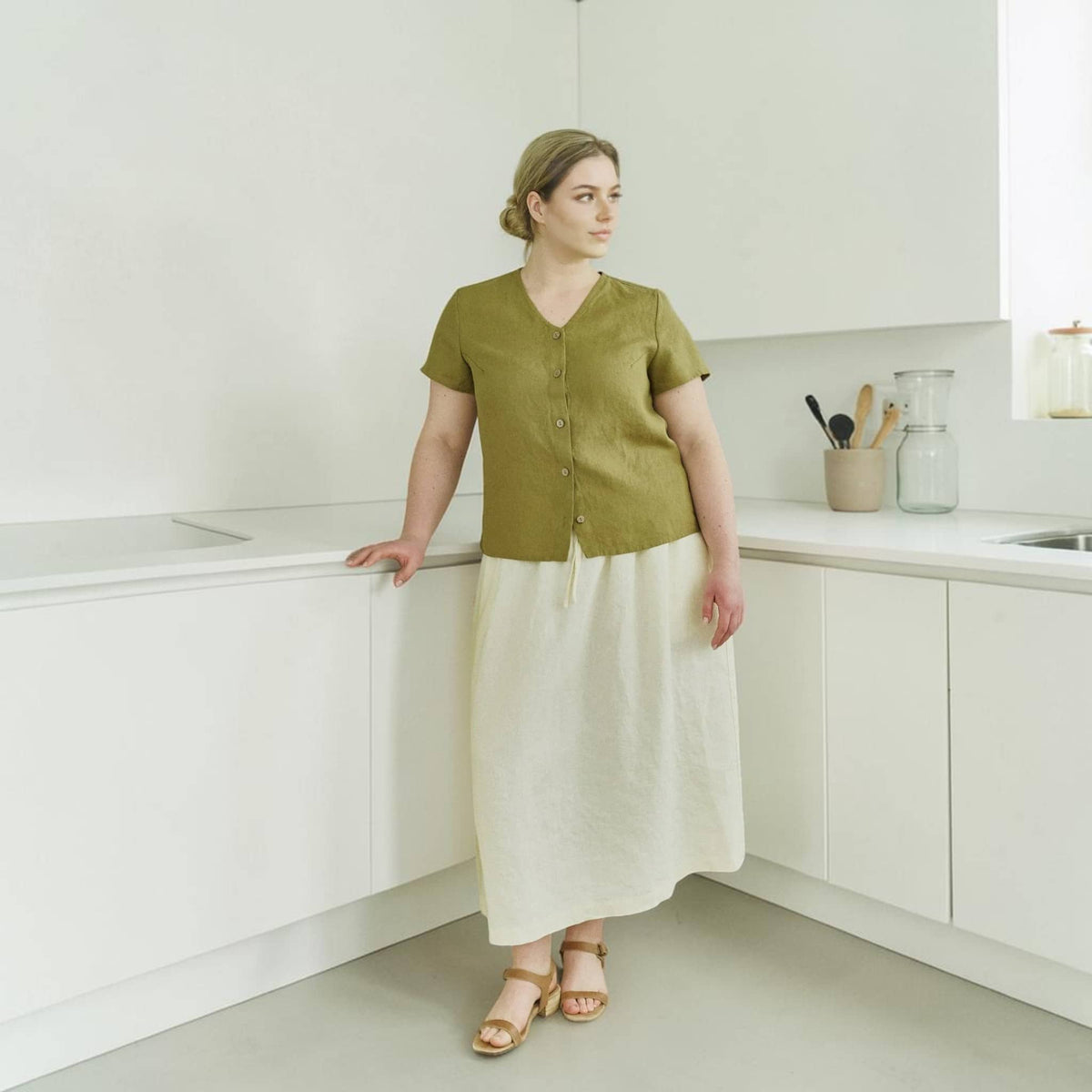 Button Front Linen Top, V Neck Short Sleeve