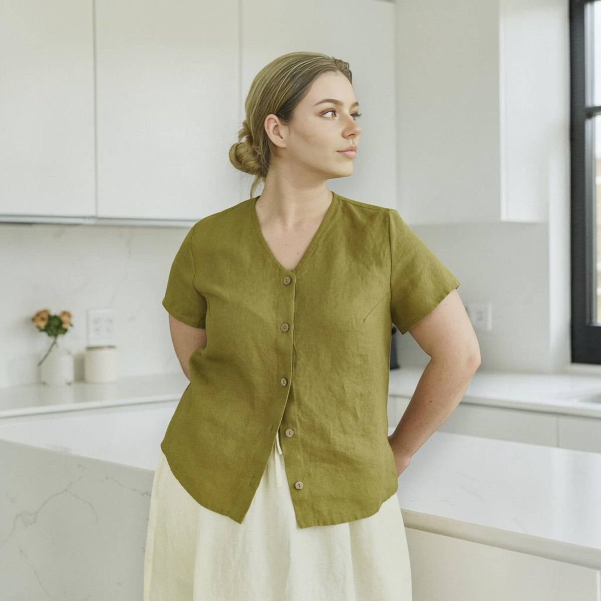 Button Front Linen Top, V Neck Short Sleeve