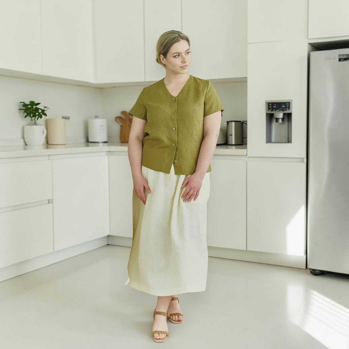 Button Front Linen Top, V Neck Short Sleeve