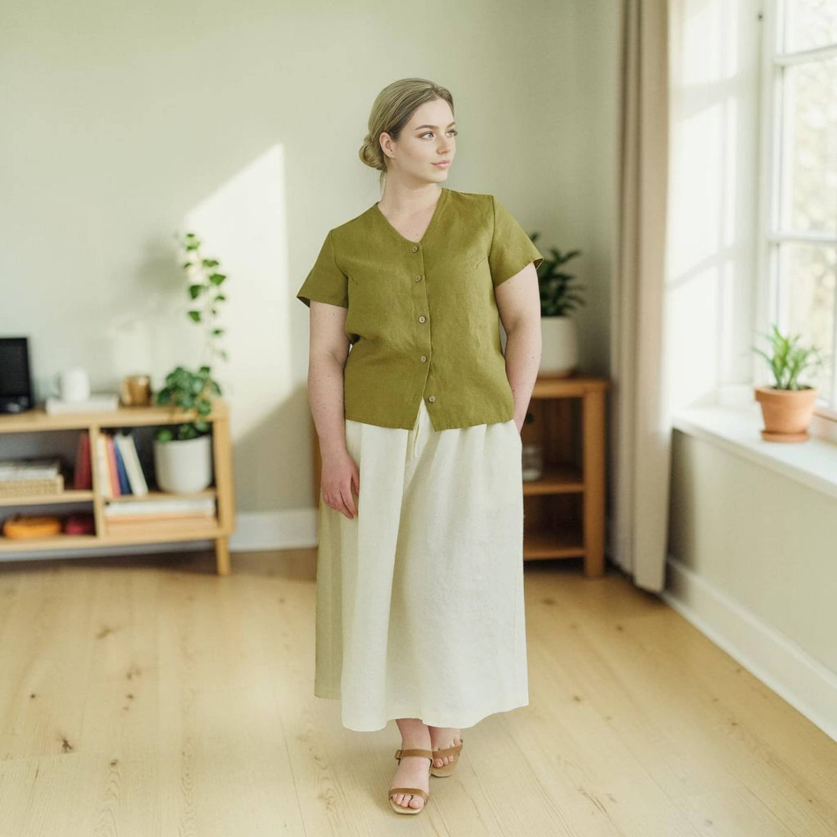 Button Front Linen Top, V Neck Short Sleeve
