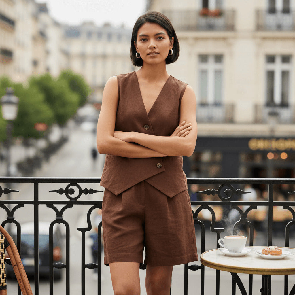 Buttoned Linen Vest, Sleeveless Linen Vest Top