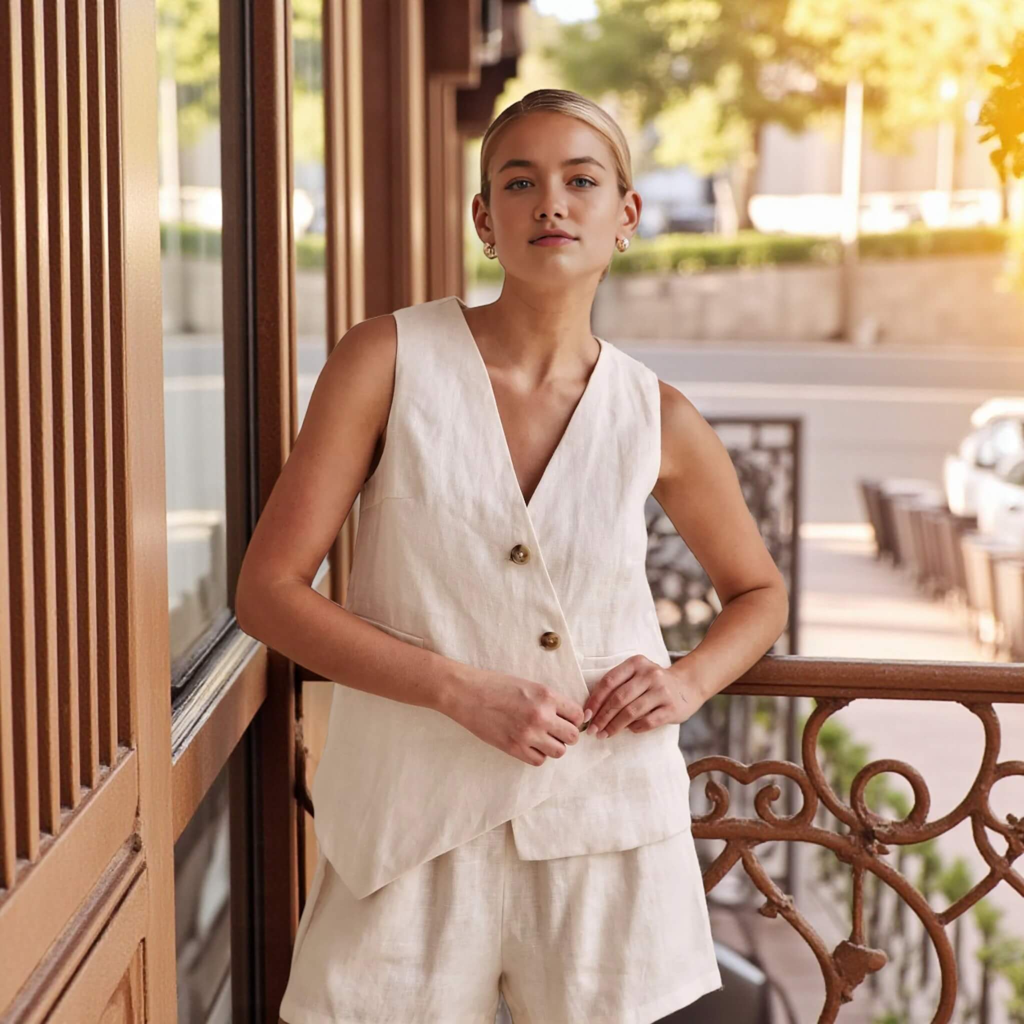 Buttoned Linen Vest, Sleeveless Linen Vest Top