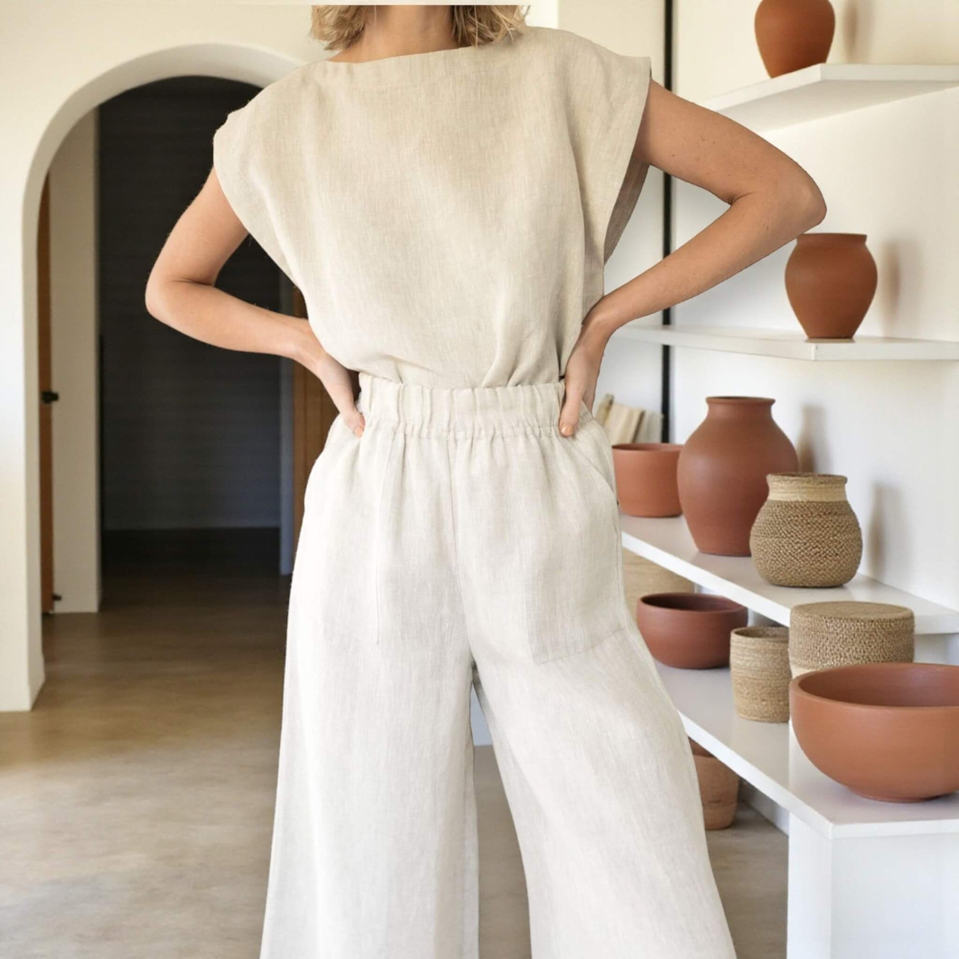 Cap Sleeve Linen Blouse, Sleeveless Boxy Tank Top