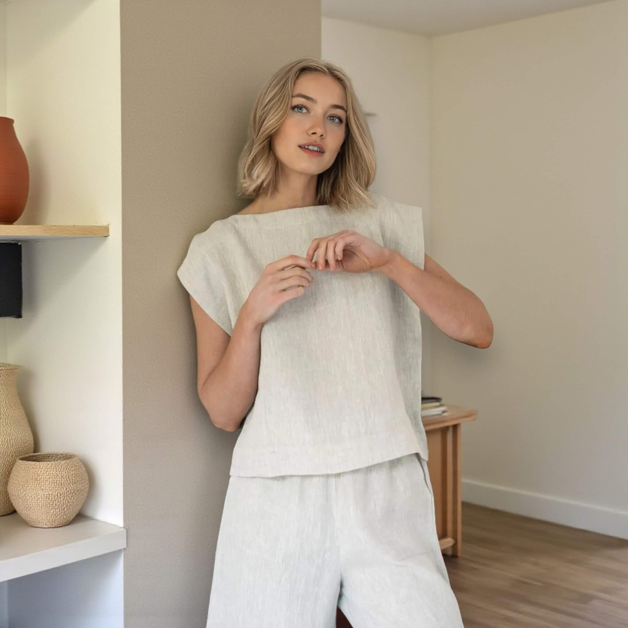 Cap Sleeve Linen Blouse, Sleeveless Boxy Tank Top