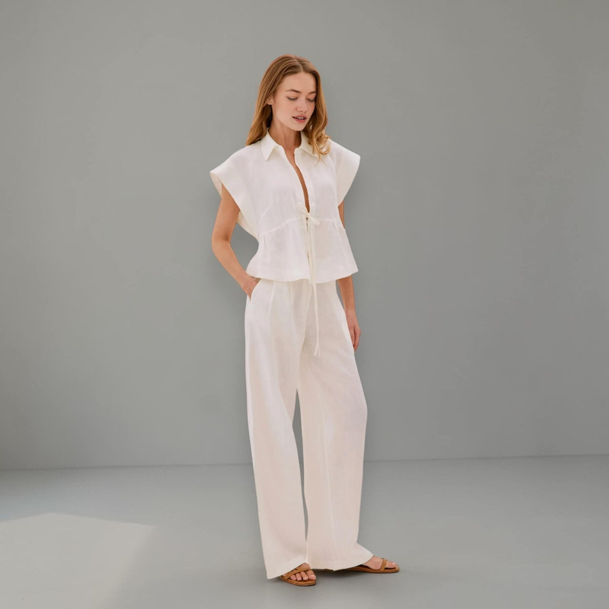 Cap Sleeve Linen Blouse, Tie Front Linen Top