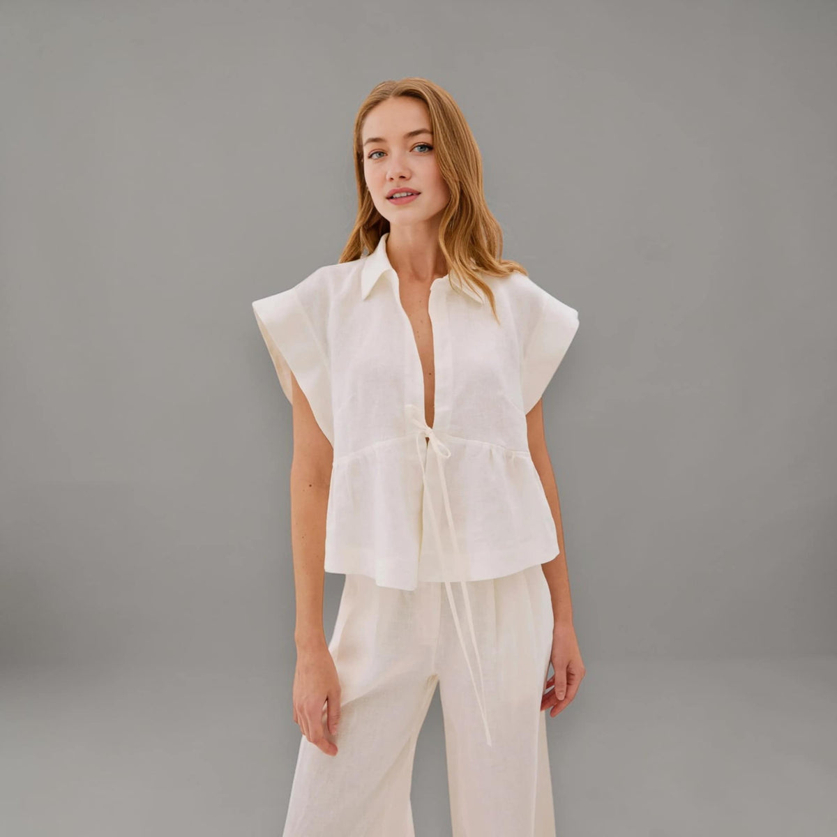 Cap Sleeve Linen Blouse, Tie Front Linen Top