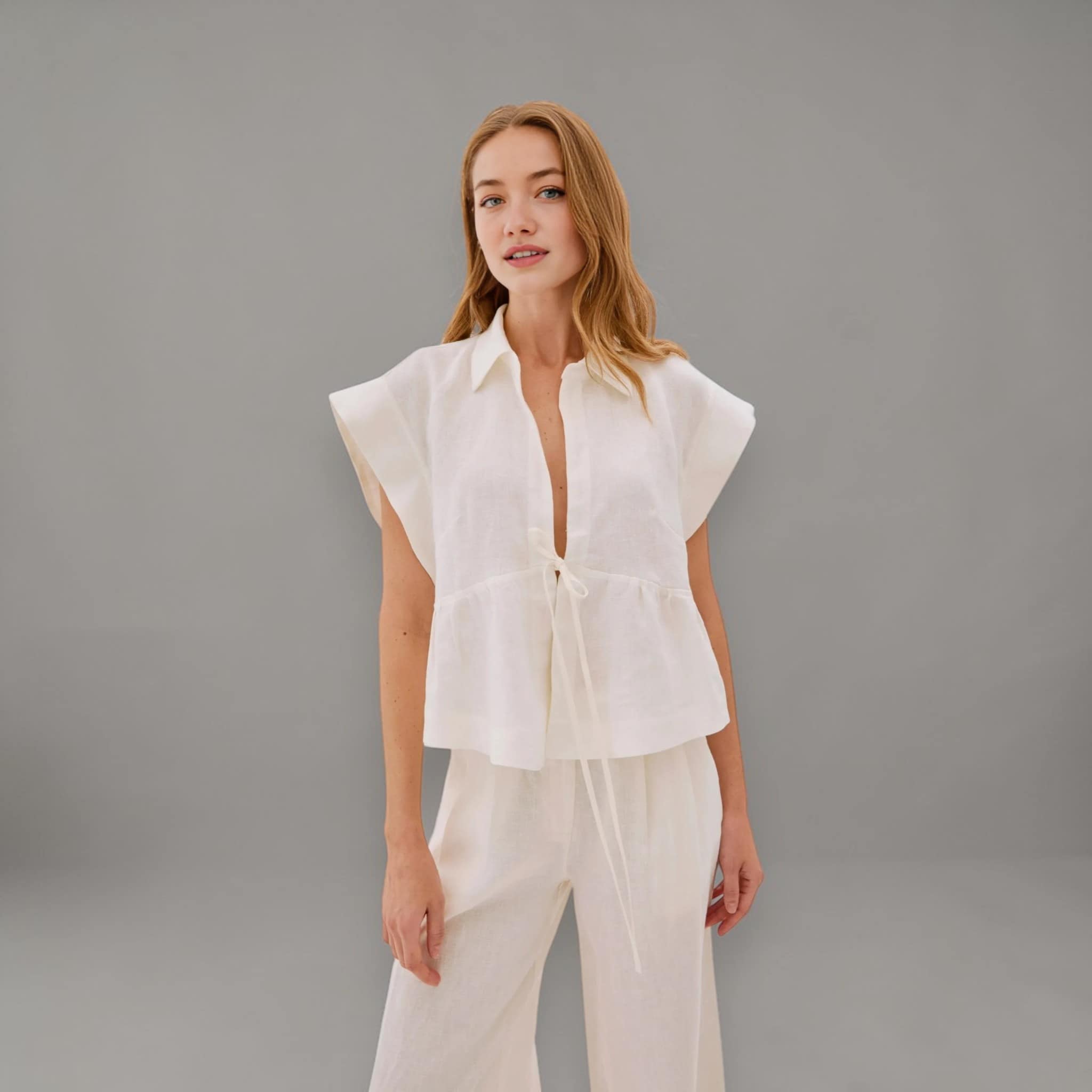 Cap Sleeve Linen Blouse, Tie Front Linen Top