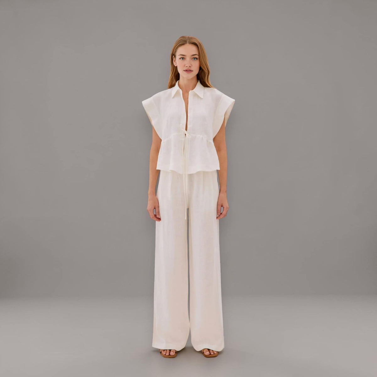 Cap Sleeve Linen Blouse, Tie Front Linen Top
