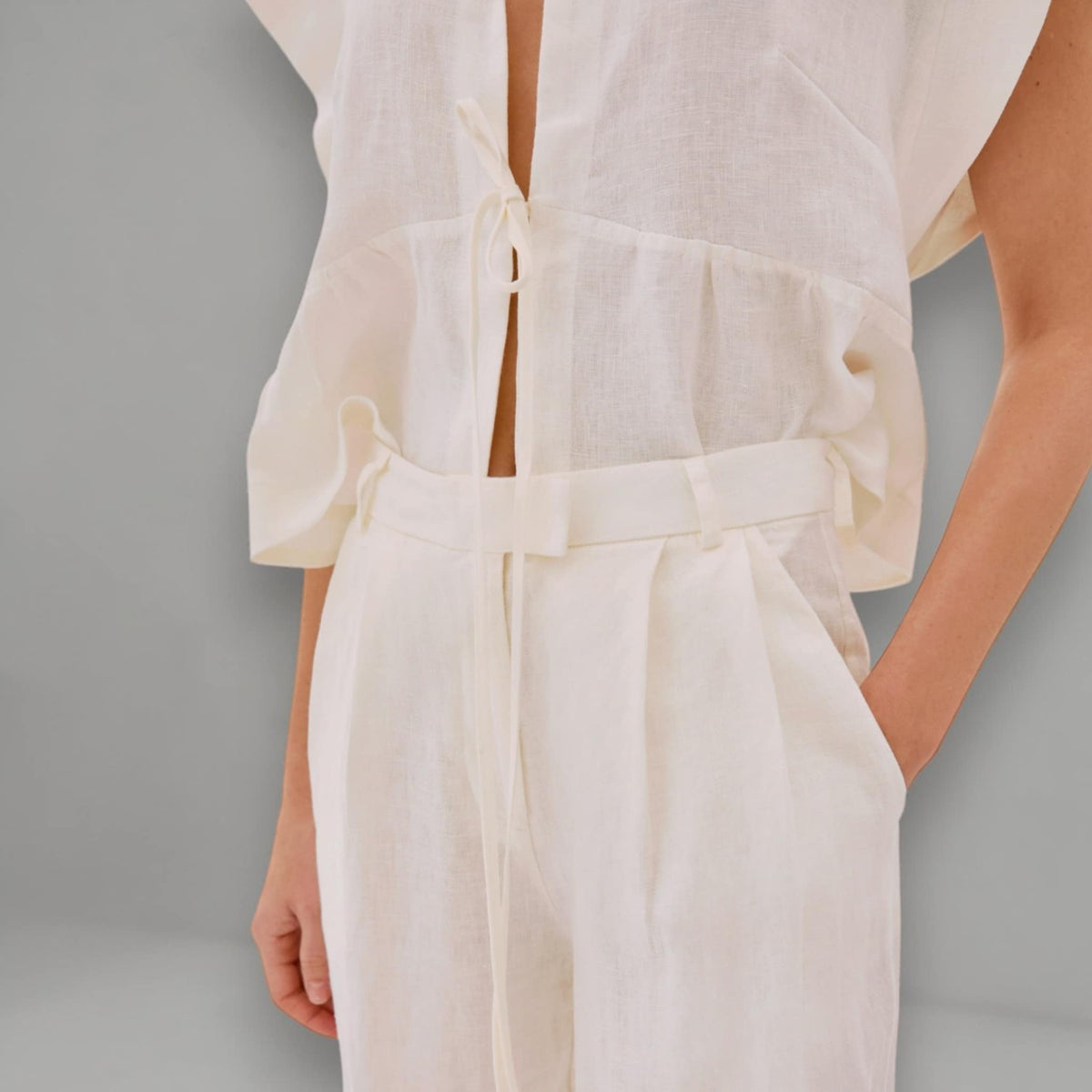 Cap Sleeve Linen Blouse, Tie Front Linen Top