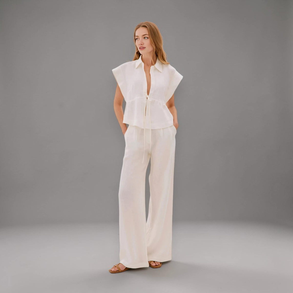 Cap Sleeve Linen Blouse, Tie Front Linen Top