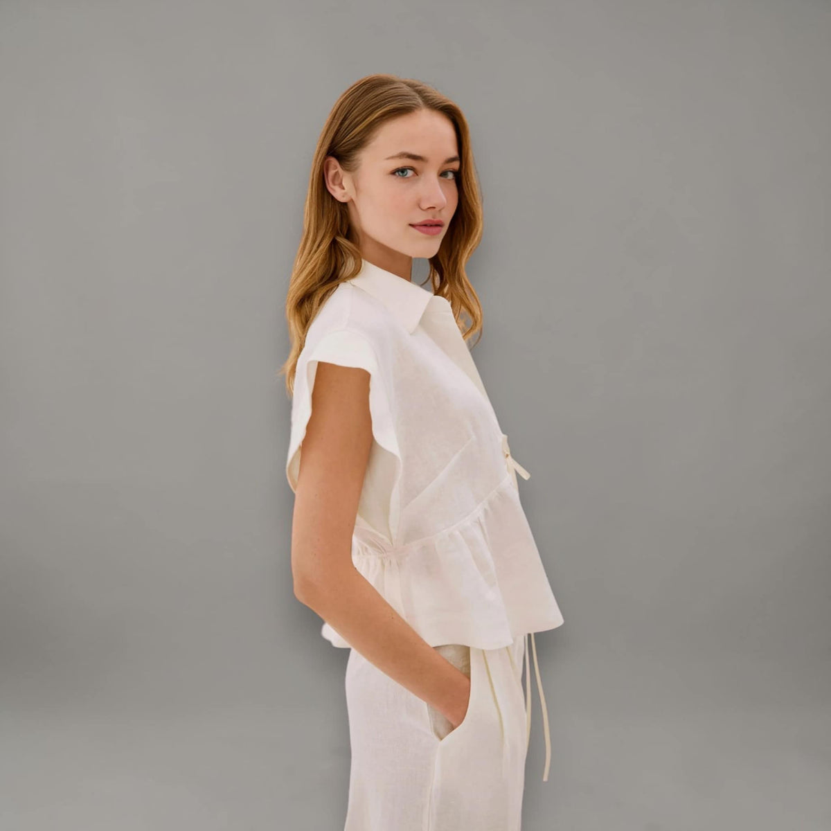 Cap Sleeve Linen Blouse, Tie Front Linen Top
