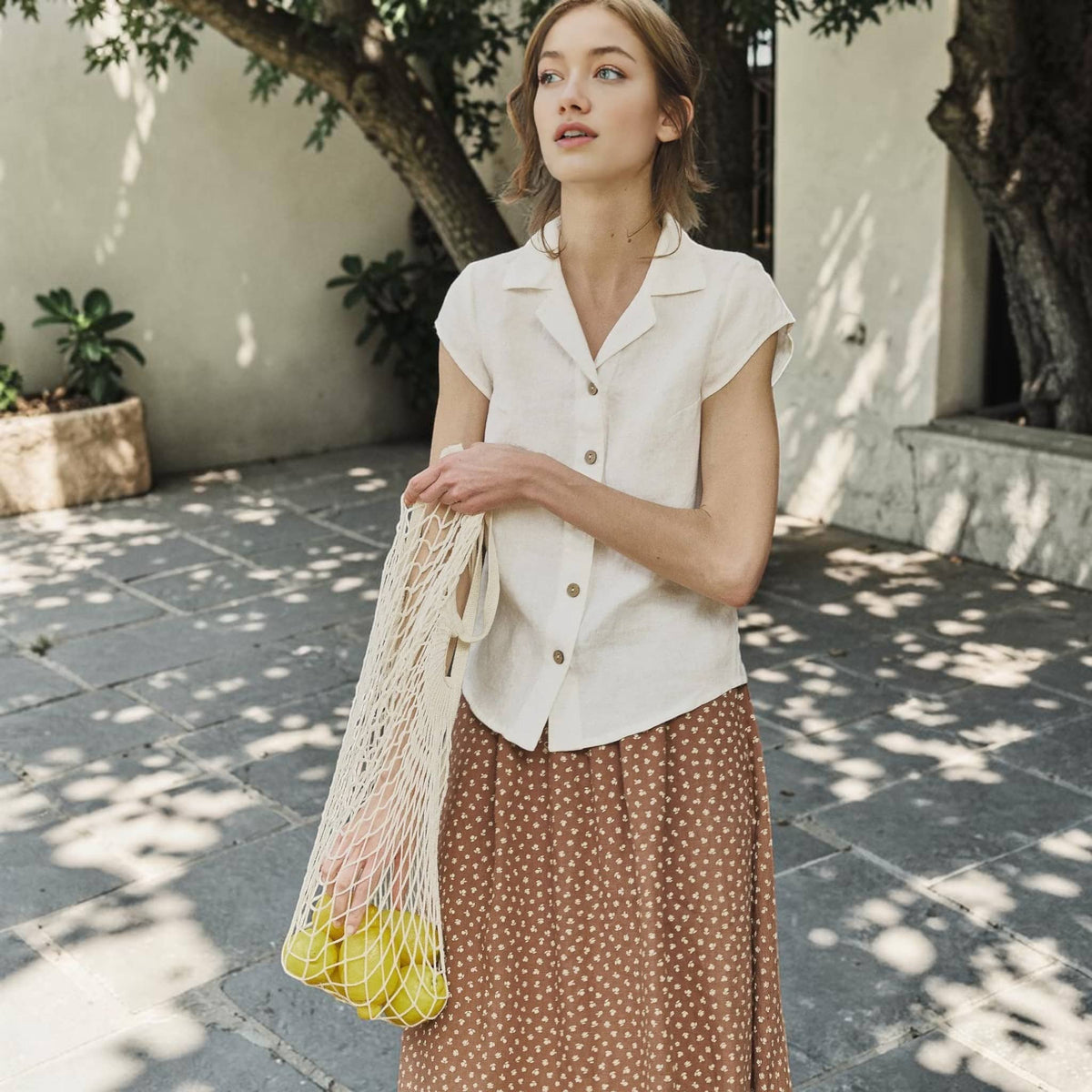 Cap Sleeve Linen Shirt, Notched Collar Button Front