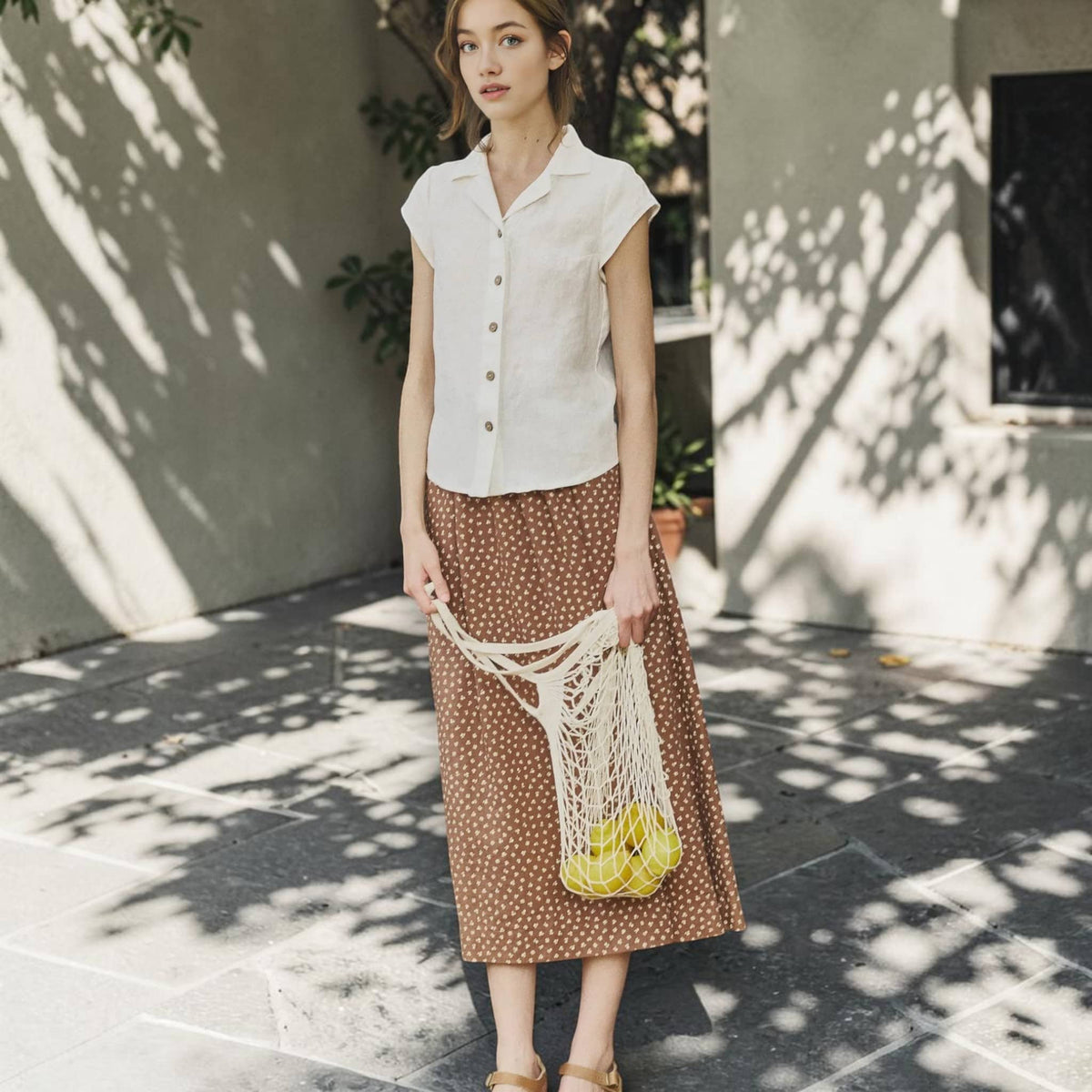 Cap Sleeve Linen Shirt, Notched Collar Button Front