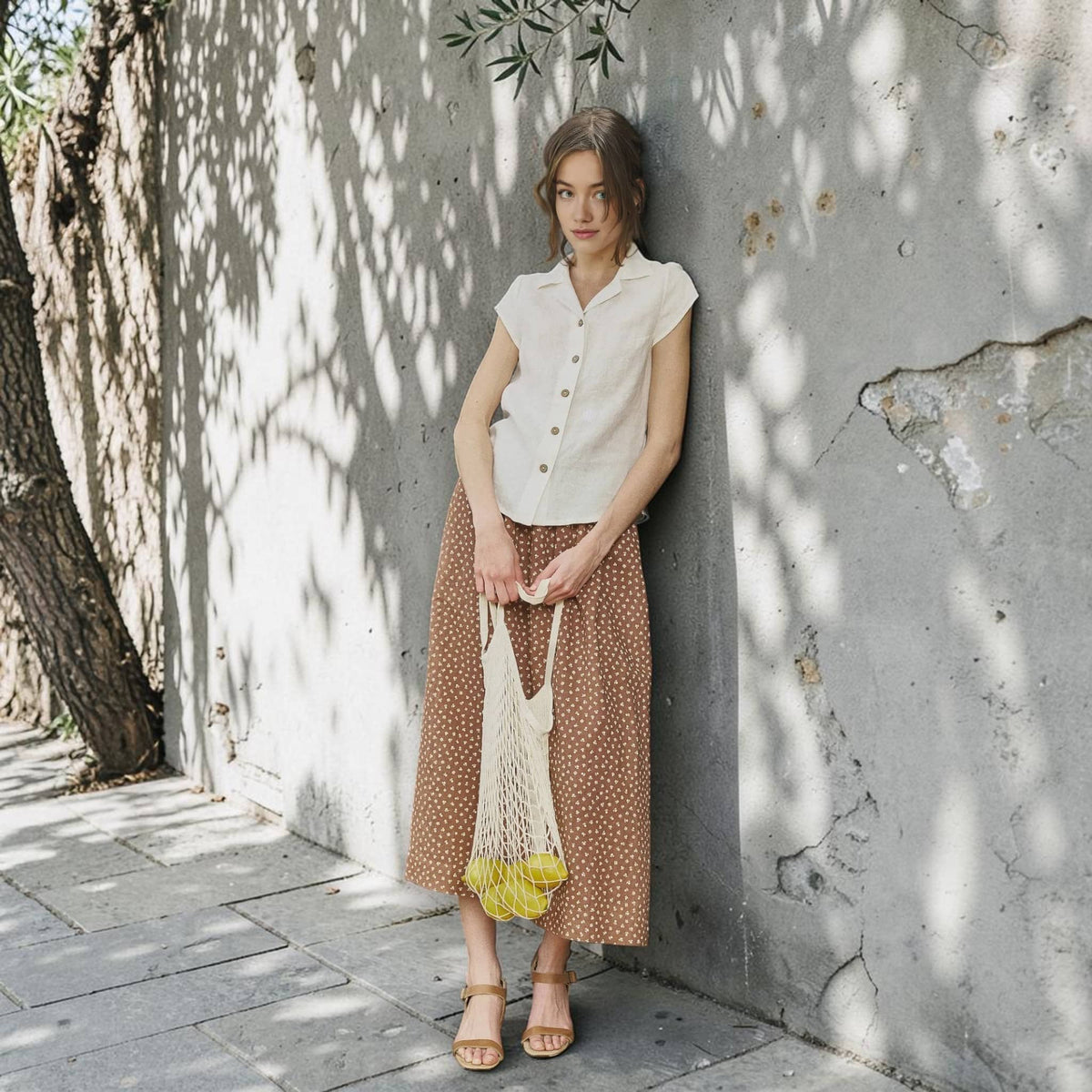 Cap Sleeve Linen Shirt, Notched Collar Button Front