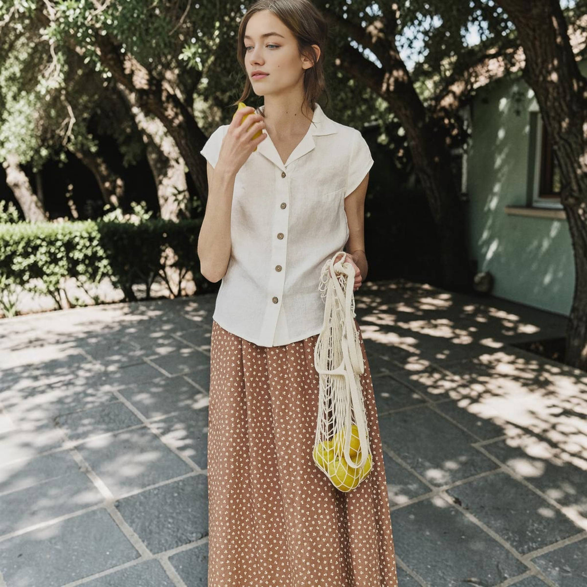 Cap Sleeve Linen Shirt, Notched Collar Button Front