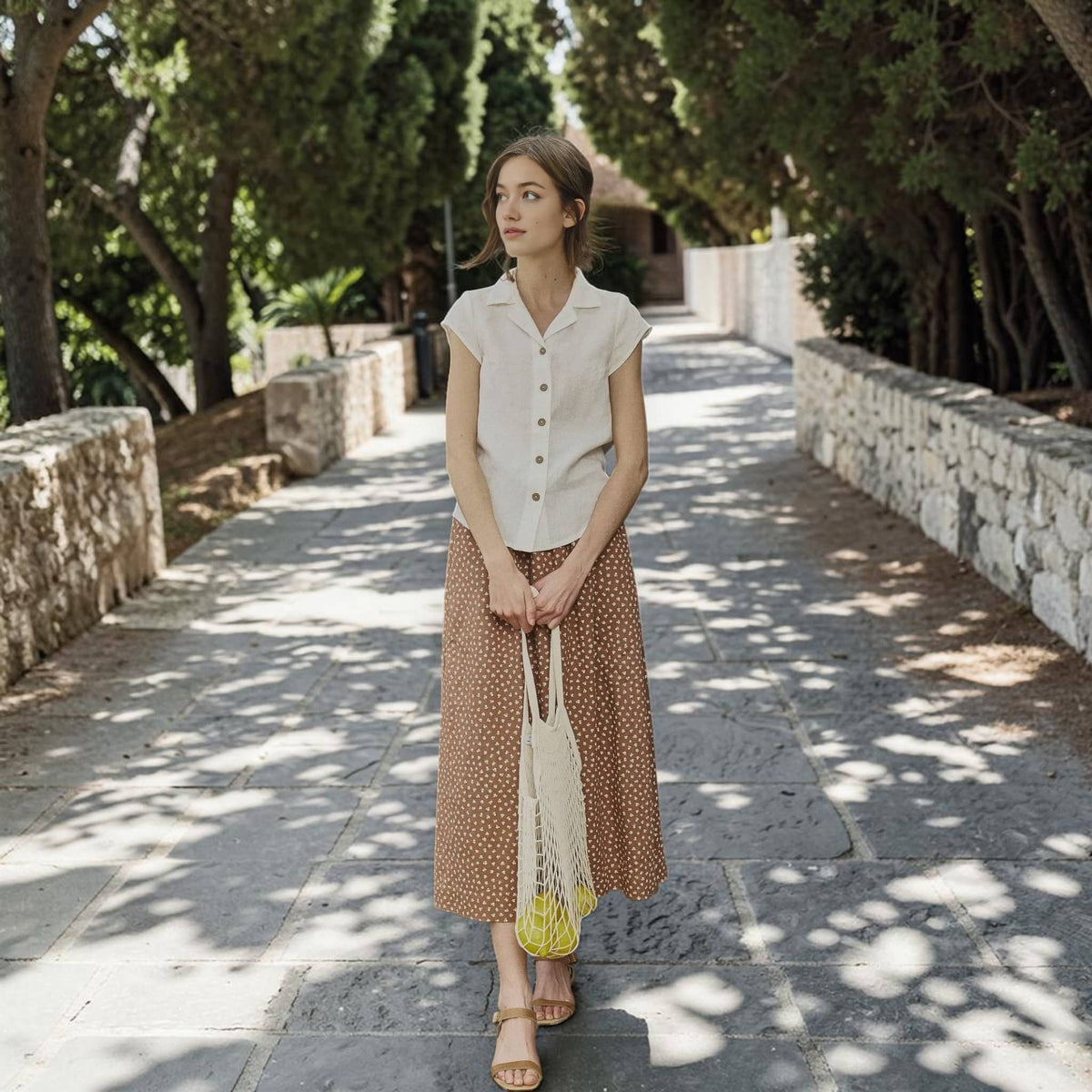Cap Sleeve Linen Shirt, Notched Collar Button Front