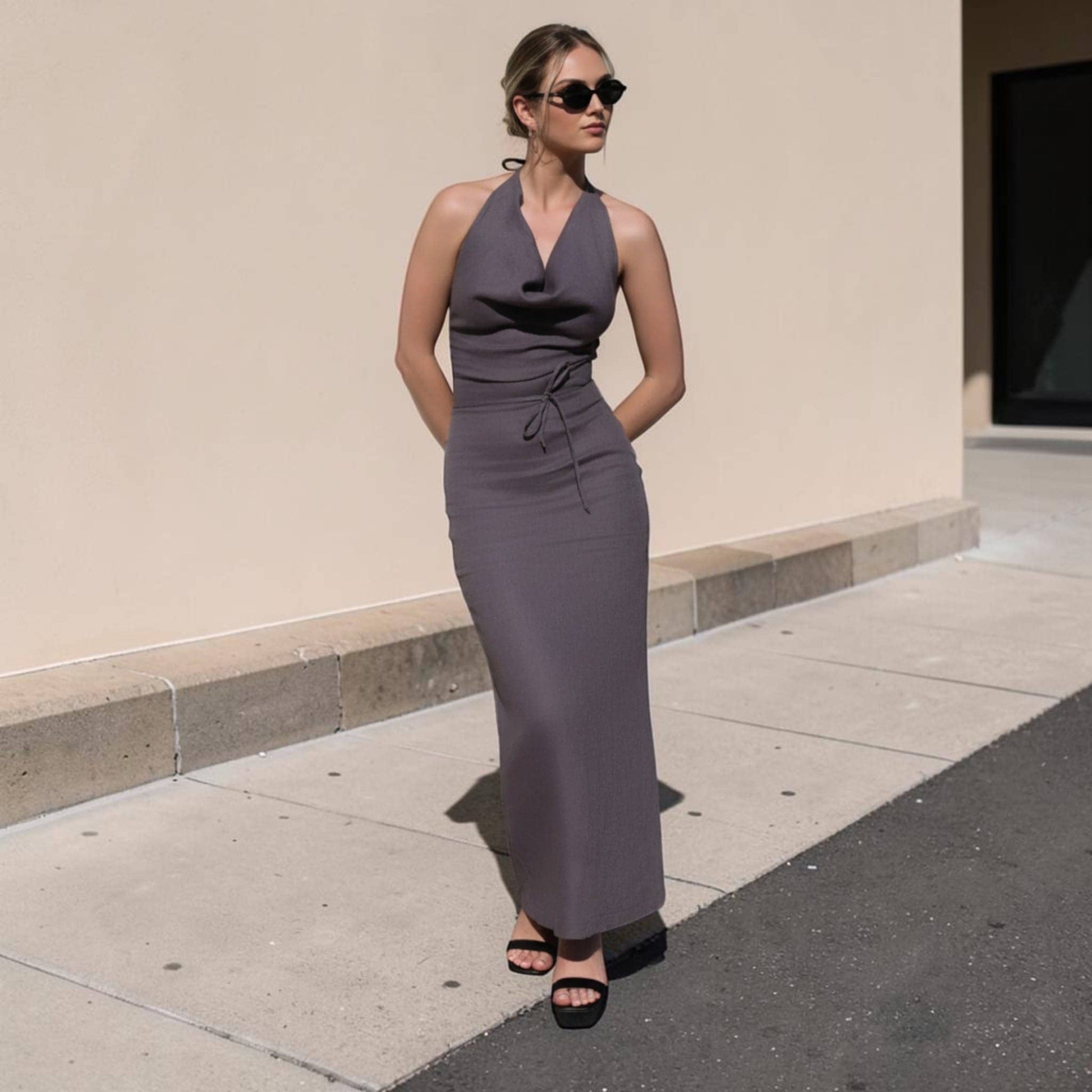 Cowl Neck Linen Maxi Dress, Self-Tie Neck Open Back