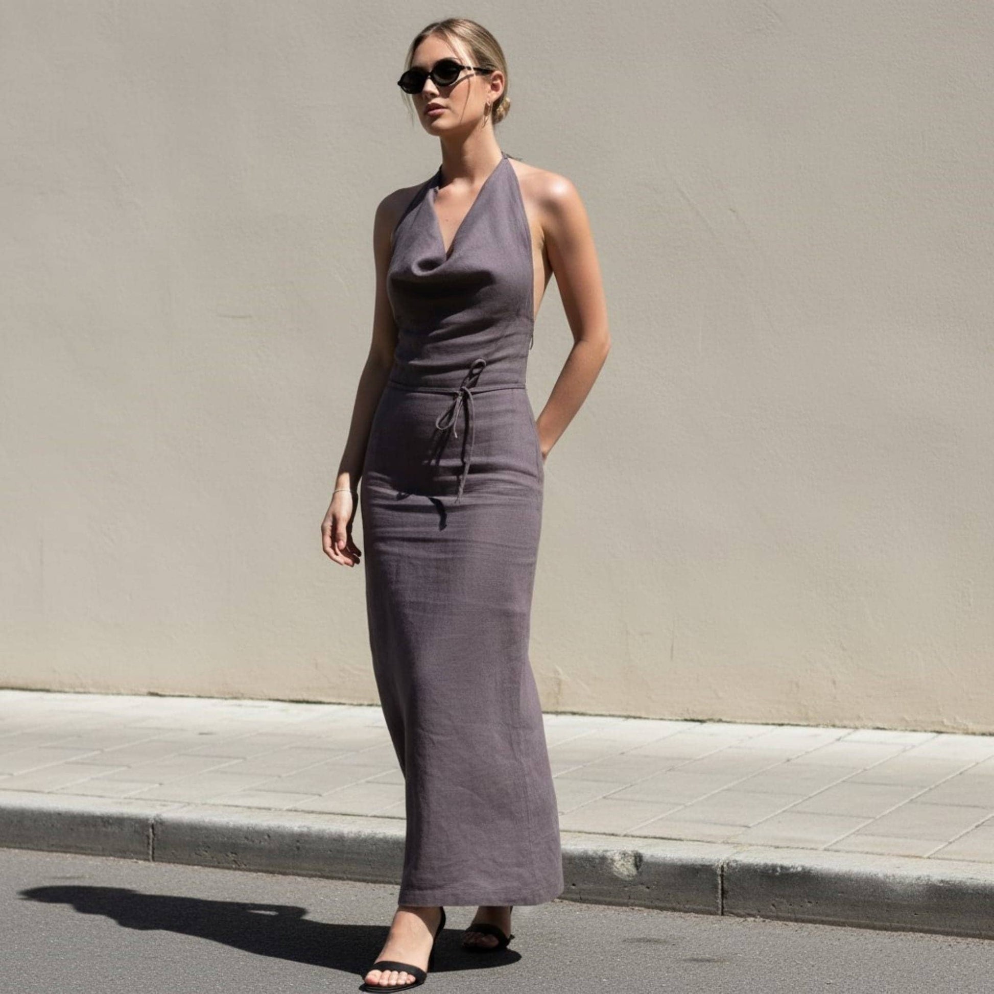 Cowl Neck Linen Maxi Dress, Self-Tie Neck Open Back