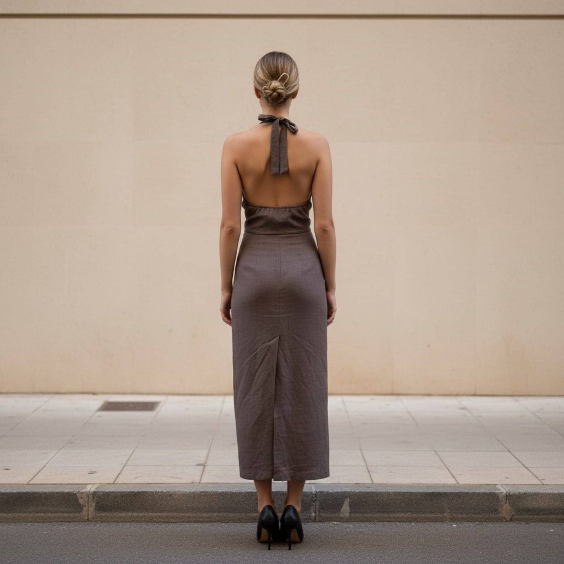 Cowl Neck Linen Maxi Dress, Self-Tie Neck Open Back