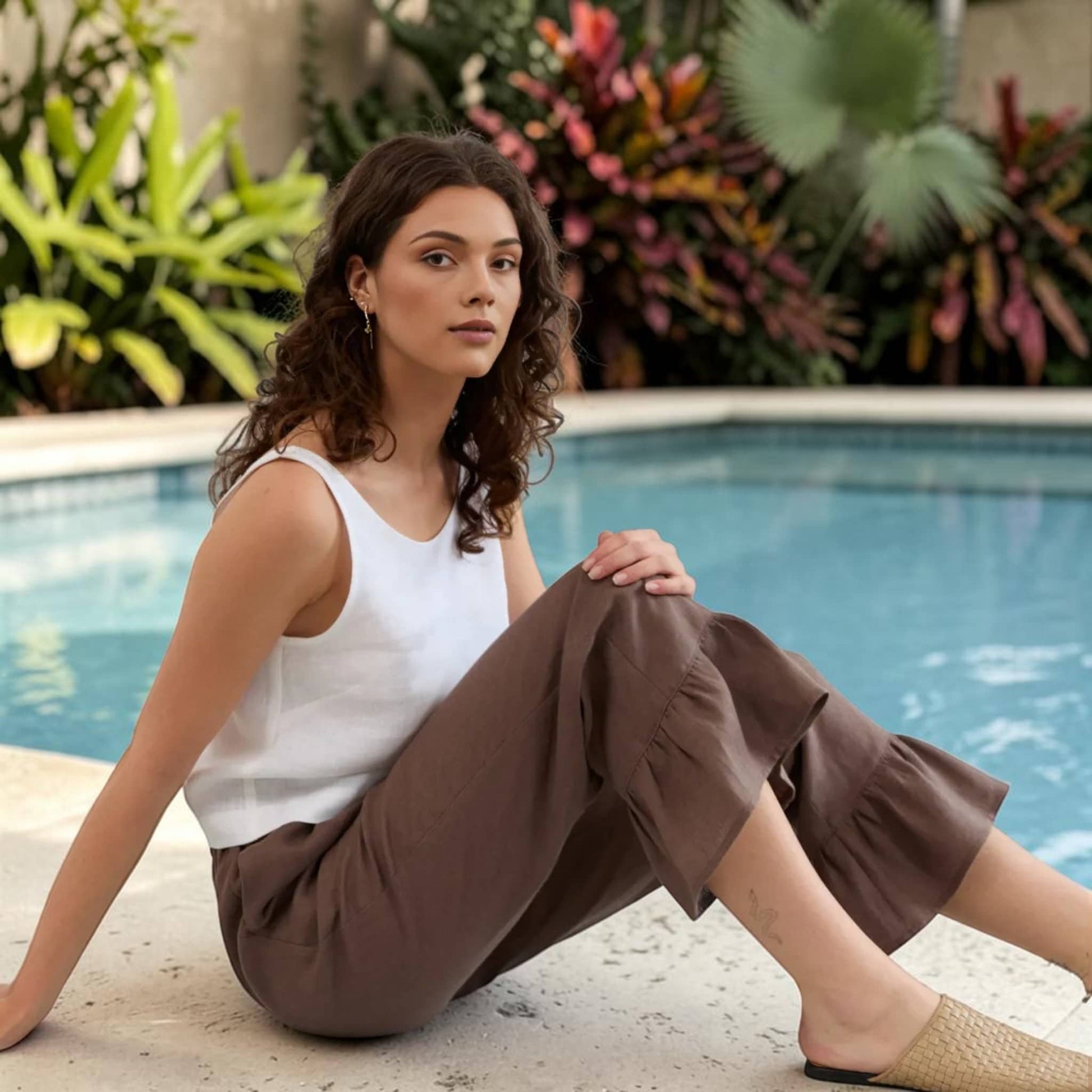 Cropped Linen Pants, Ruffle Hem Elastic Waist