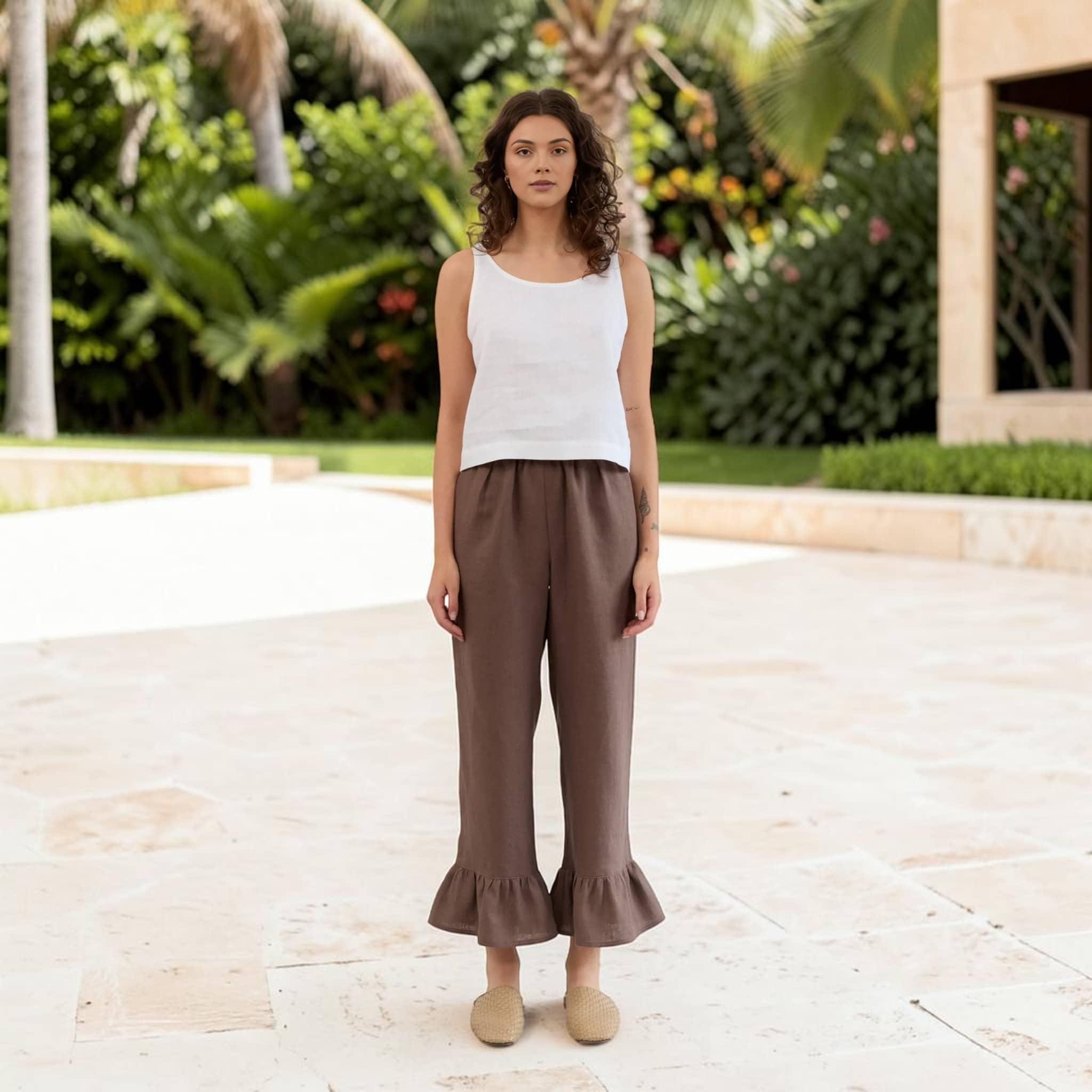 Cropped Linen Pants, Ruffle Hem Elastic Waist