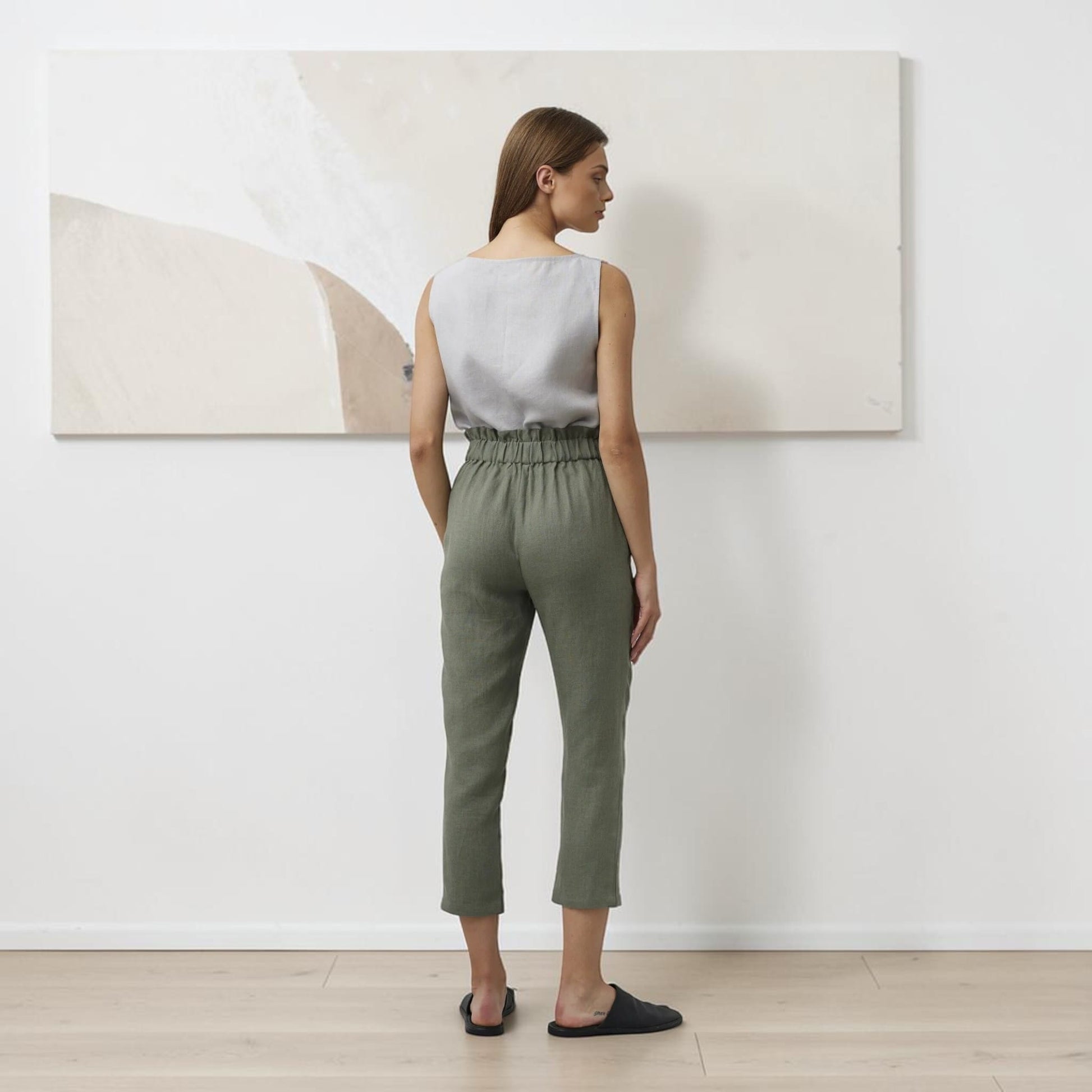 Cropped Linen Paperbag Pants, Tie Waist