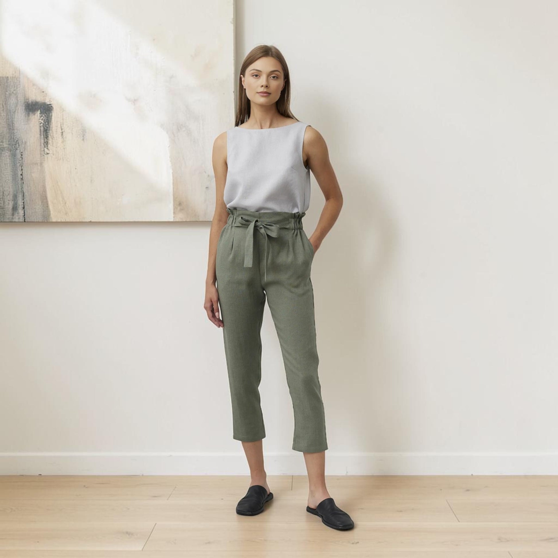 Cropped Linen Paperbag Pants, Tie Waist