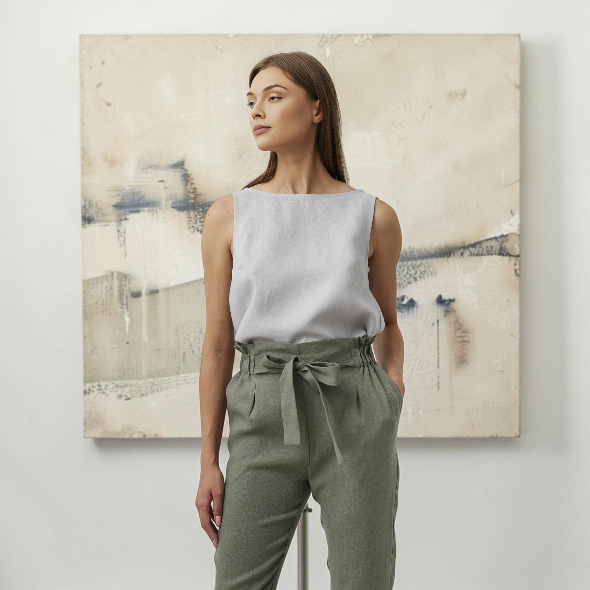 Cropped Linen Paperbag Pants, Tie Waist