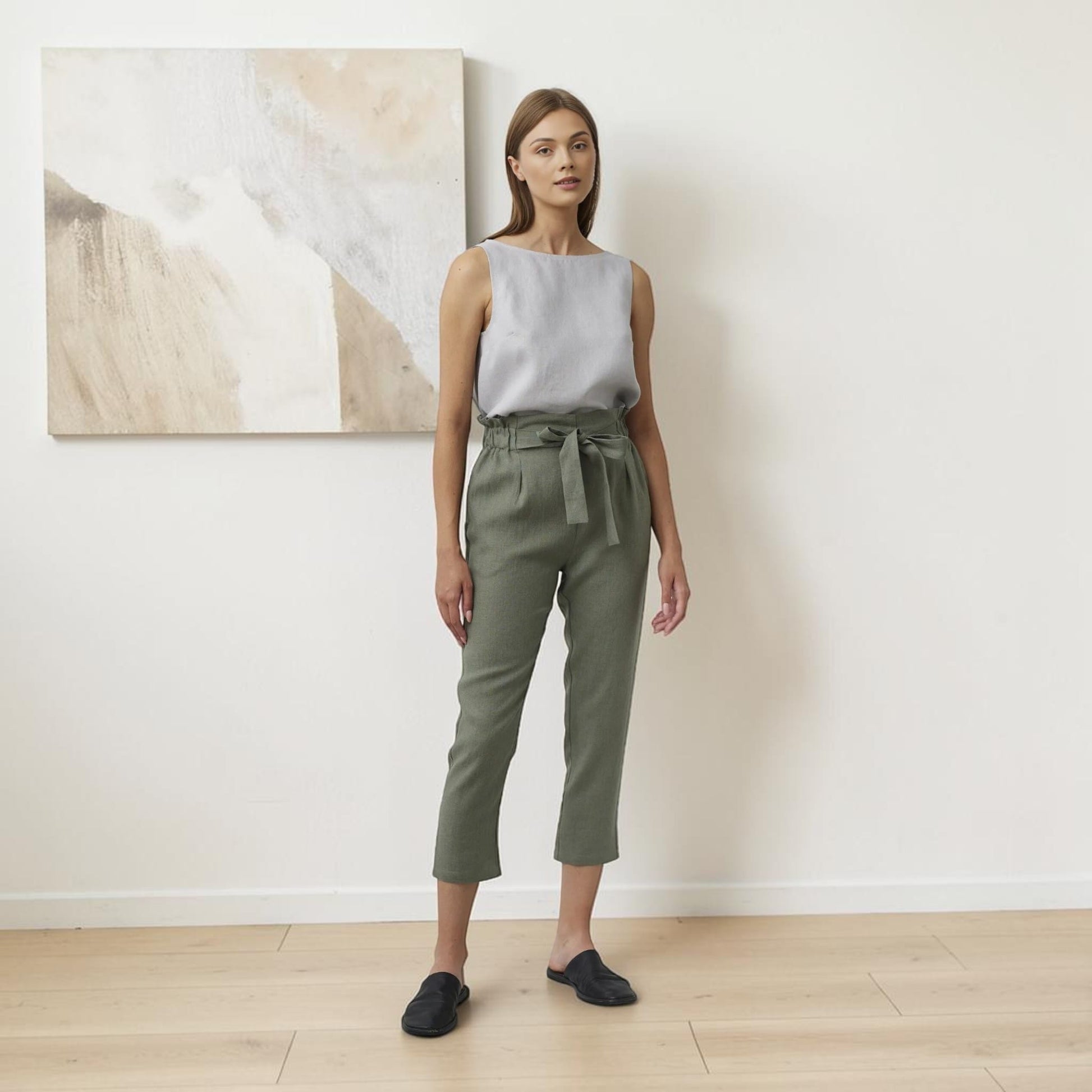 Cropped Linen Paperbag Pants, Tie Waist