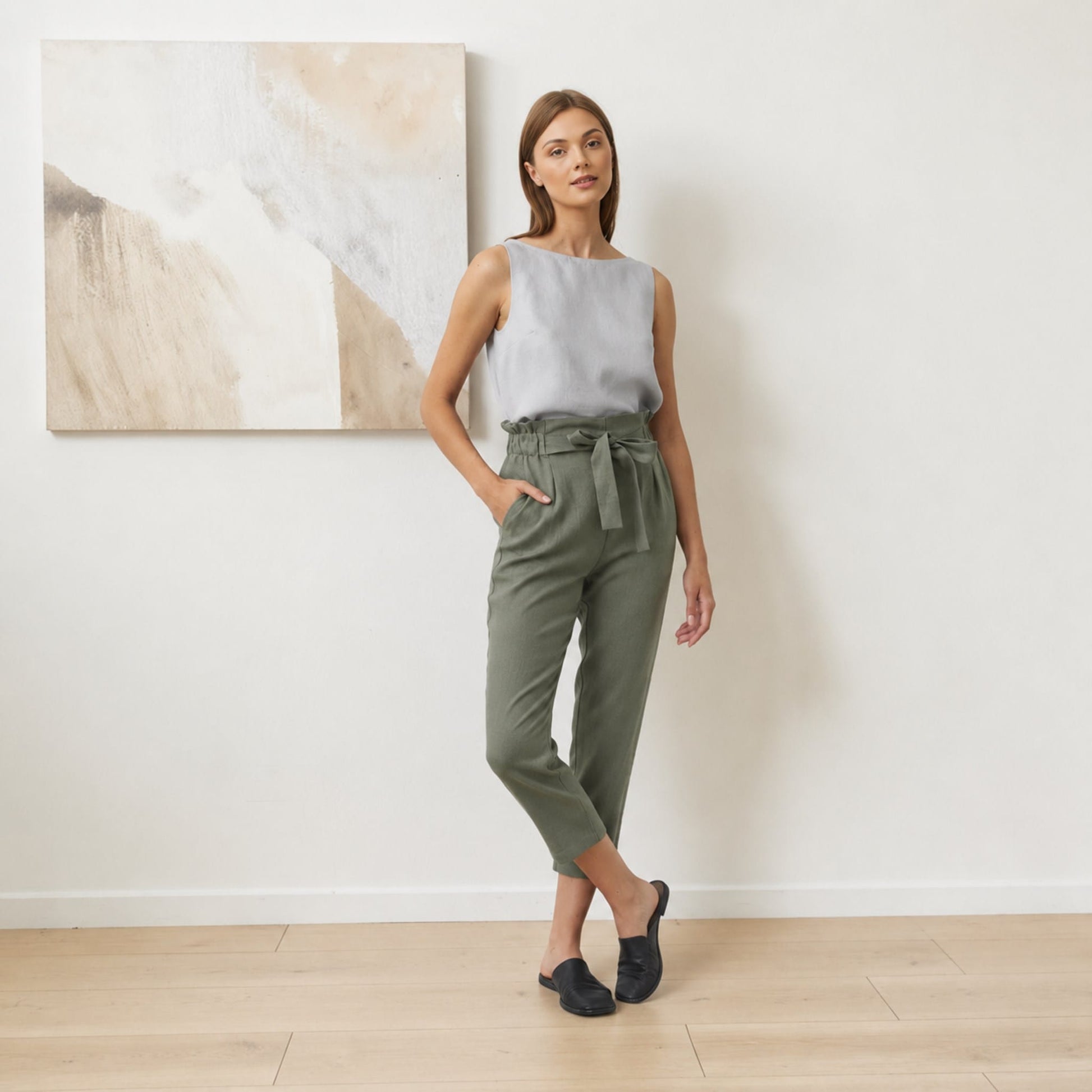 Cropped Linen Paperbag Pants, Tie Waist