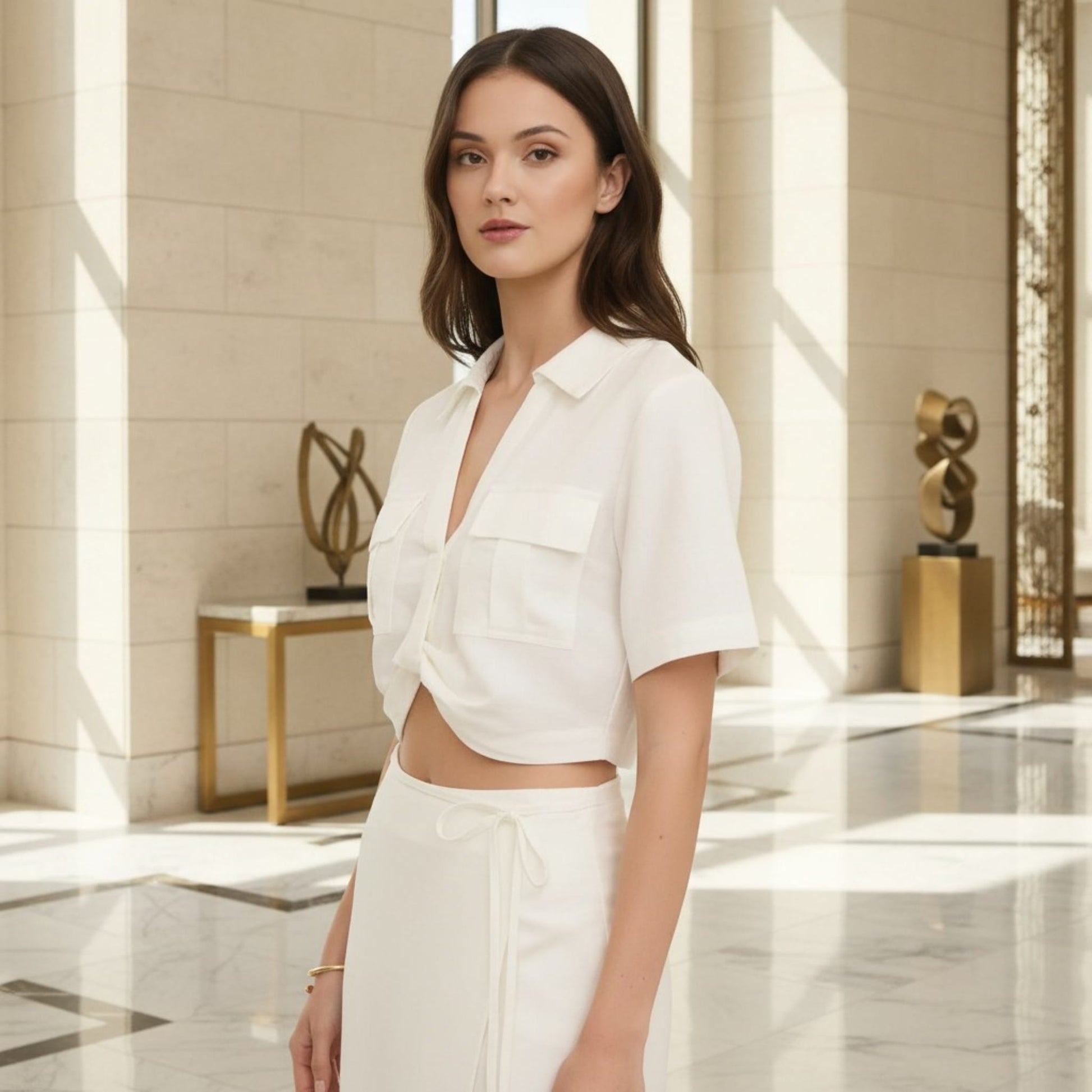 Cropped Linen Shirt, Short Sleeves Flap Pockets