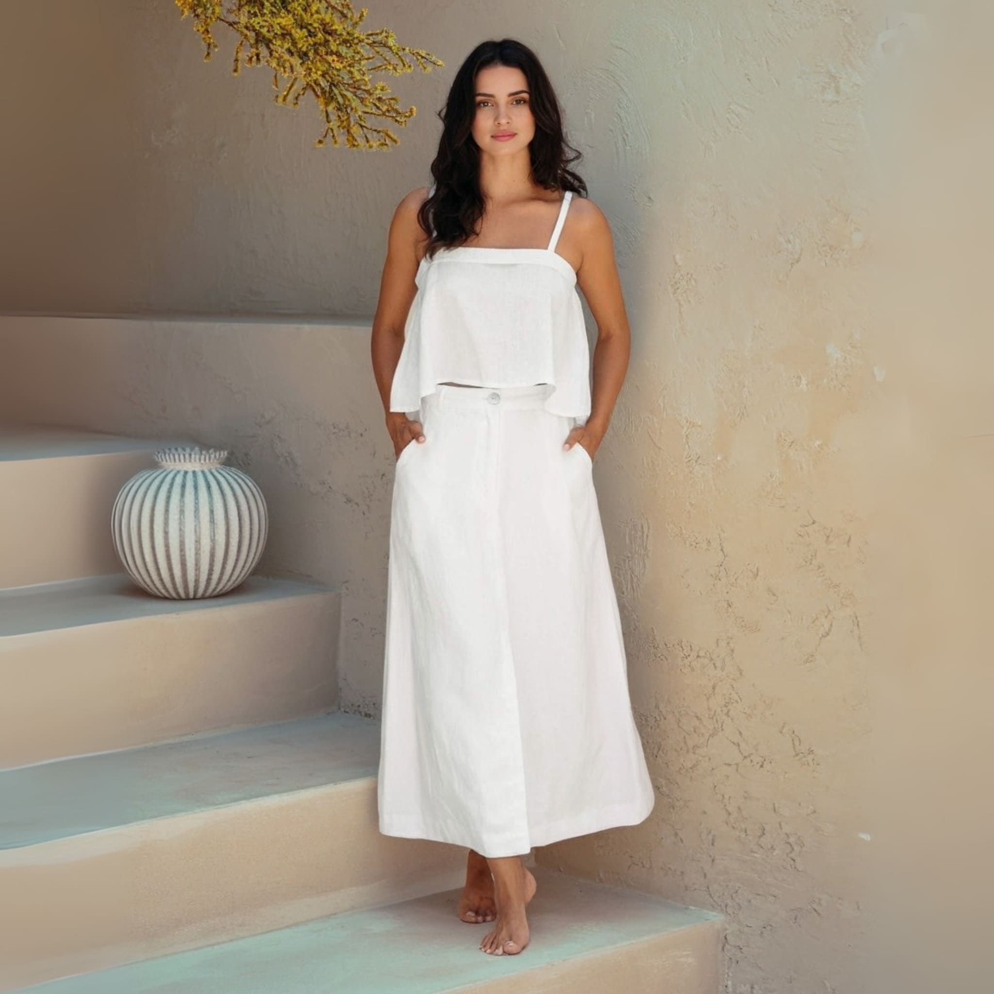 Cropped Linen Tank Top, Sleeveless Peplum Top