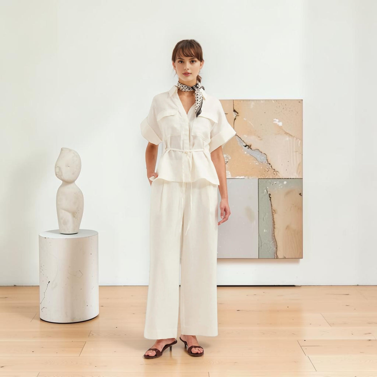 Cuffed Sleeve Linen Shirt, Tie Waist Flap-Pocket