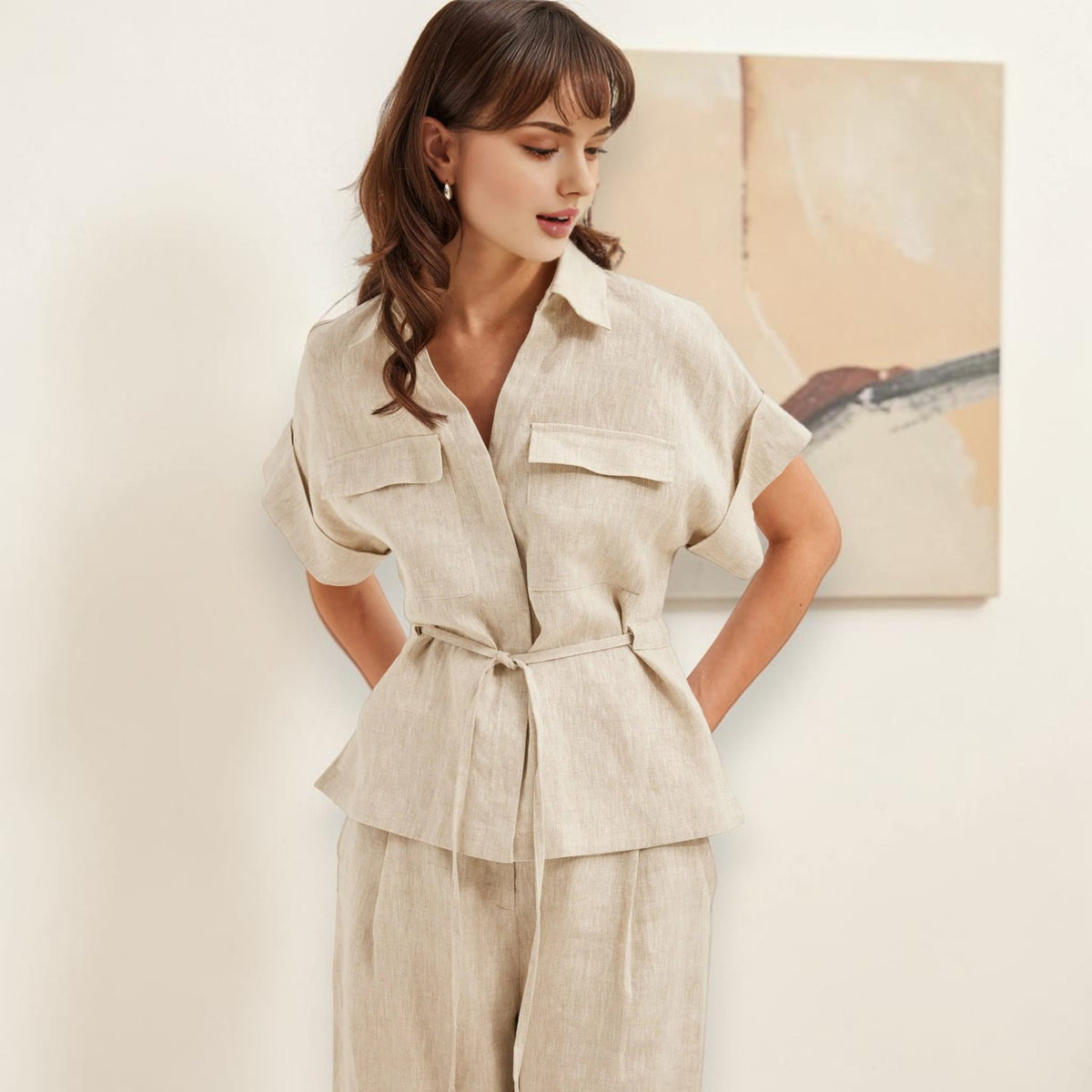 Cuffed Sleeve Linen Shirt, Tie Waist Flap-Pocket