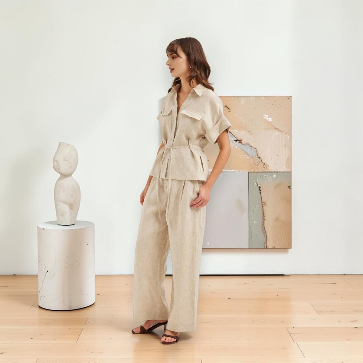 Cuffed Sleeve Linen Shirt, Tie Waist Flap-Pocket